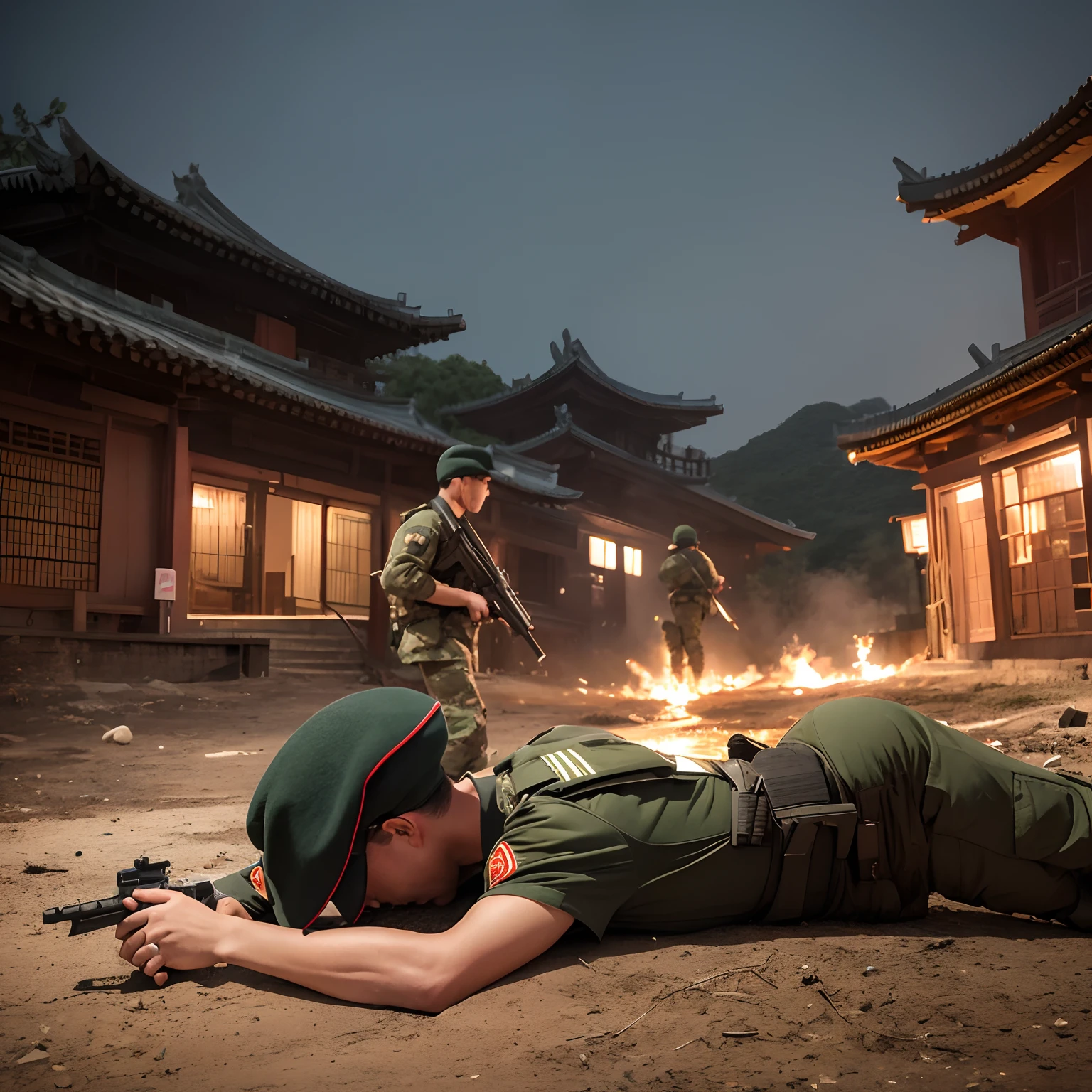 Five male soldiers,Uniform,holding gun,Three wounded lay on the ground,Blood,Guns were thrown haphazardly on the ground,Cry,the night,nigth,The background is a Chinese-style yard,outside,Like a battlefield,crater,火焰,During the reign of Sun Yat-sen, ,super-fine,hyper HD