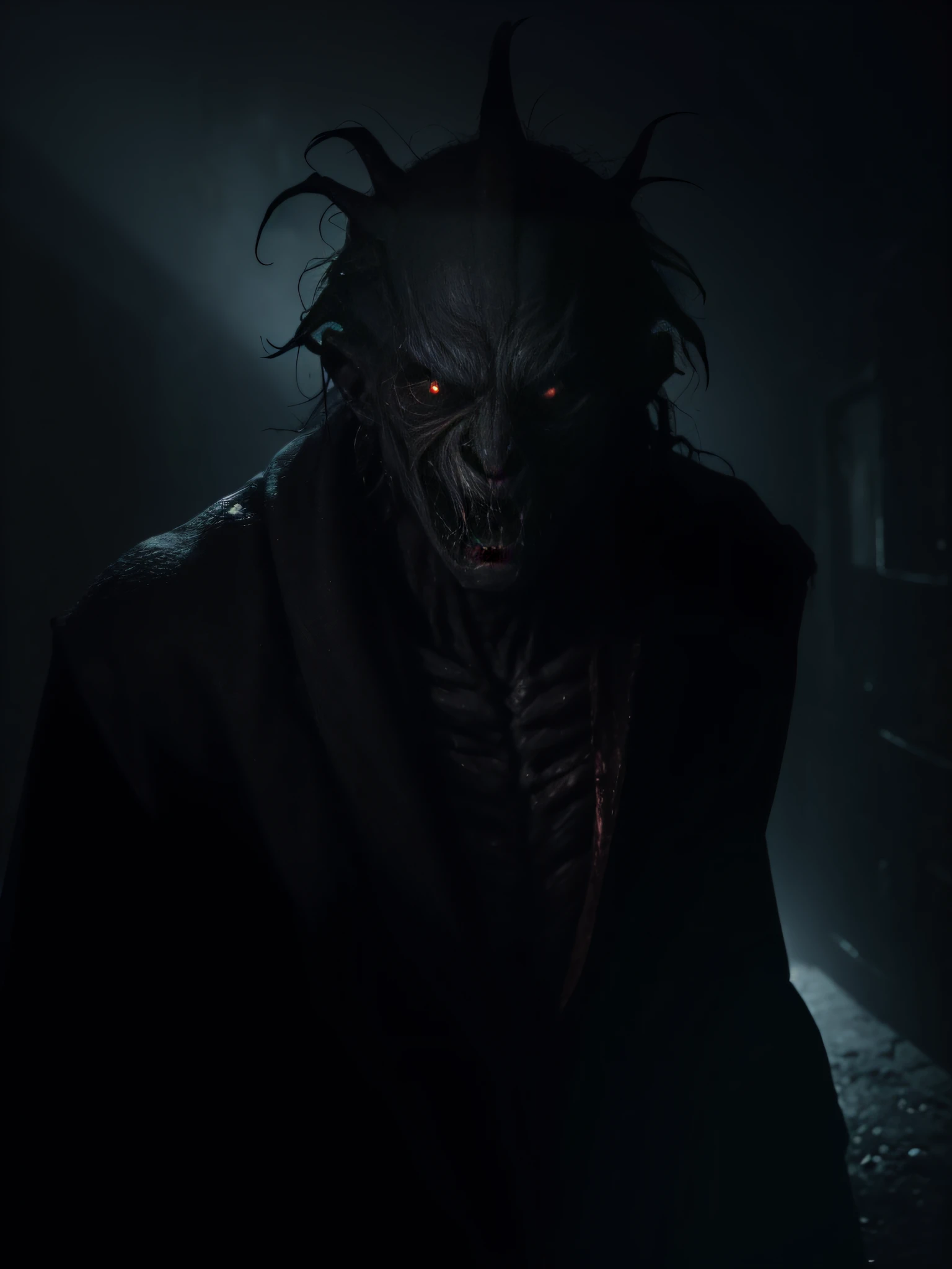 Generate a spine-chilling and nightmarish image of an 80's horror movie monster that strikes fear into the hearts of viewers. The monster should be a grotesque and otherworldly creation, with twisted, deformed features, and menacing, inhuman characteristics. Its presence should evoke terror and dread. The scene should be dimly lit, with eerie shadows and unsettling atmospheric details. The monster should be the central focus, exuding an aura of malevolence and horror. Make use of vivid and striking visuals to intensify the feeling of dread, with particular attention to detail on the monster's gruesome appearance and the surrounding environment, which should add to the overall sense of unease.