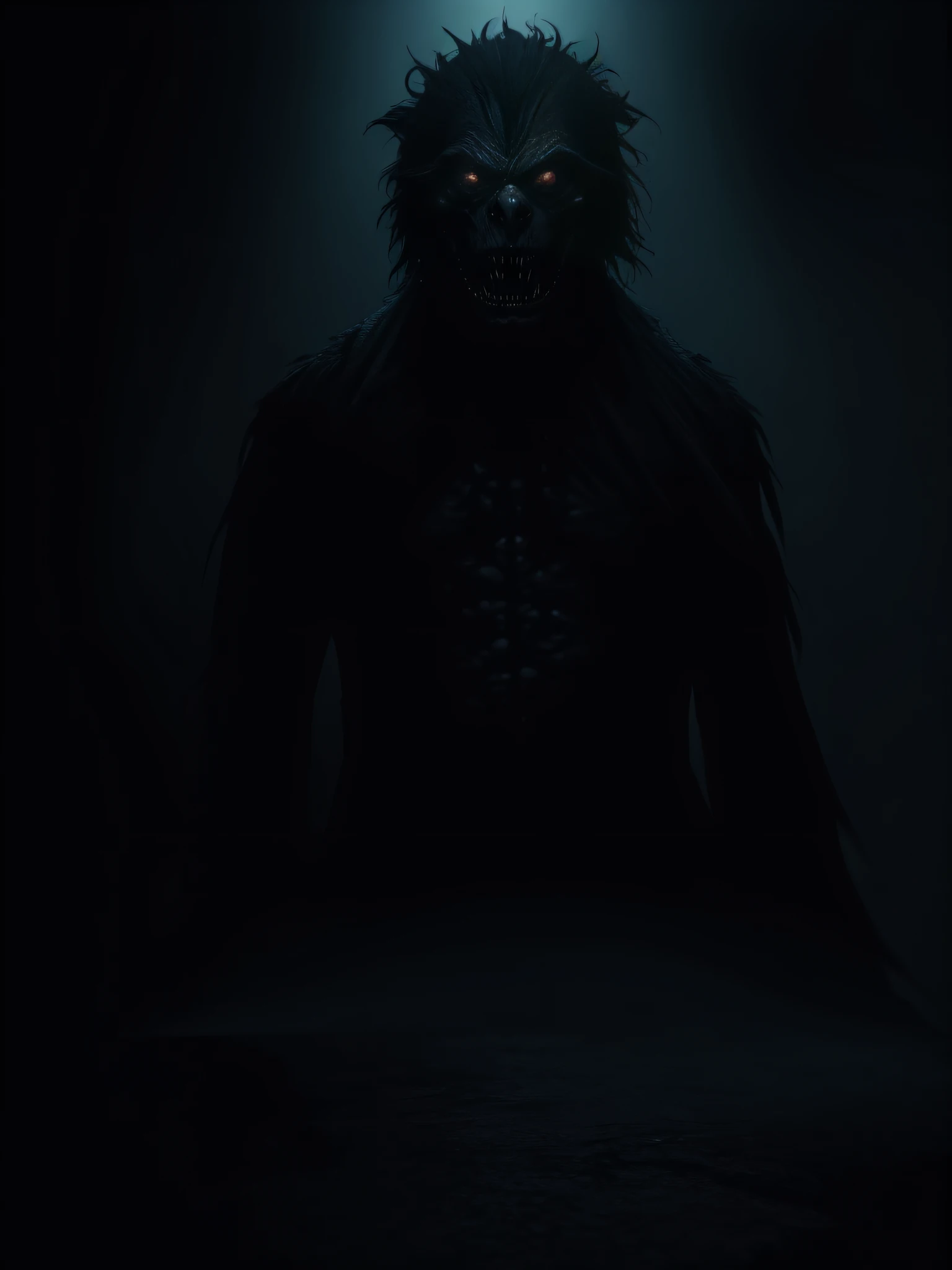 Generate a spine-chilling and nightmarish image of an 80's horror movie monster that strikes fear into the hearts of viewers. The monster should be a grotesque and otherworldly creation, with twisted, deformed features, and menacing, inhuman characteristics. Its presence should evoke terror and dread. The scene should be dimly lit, with eerie shadows and unsettling atmospheric details. The monster should be the central focus, exuding an aura of malevolence and horror. Make use of vivid and striking visuals to intensify the feeling of dread, with particular attention to detail on the monster's gruesome appearance and the surrounding environment, which should add to the overall sense of unease.