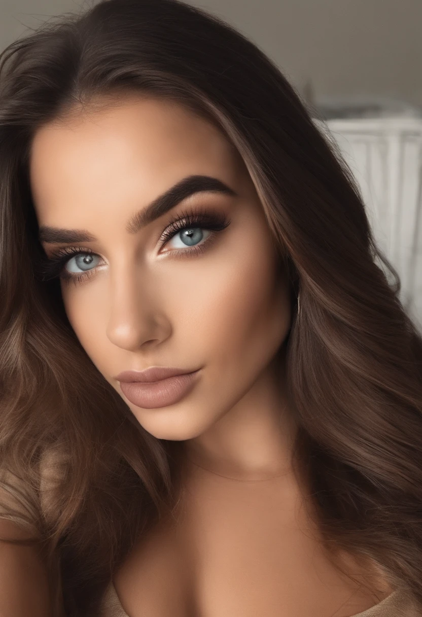 Arafed woman with black clothes, fille sexy aux yeux bruns, Pau blanche, Portrait Sophie Mudd, cheveux bruns et grands yeux, selfie of a young woman, Yeux de chambre, Violet Myers, sans maquillage, maquillage naturel, looking straight at camera, Visage avec Artgram, Maquillage subtil, Superbe photo du corps entier, dans la chambre, clivage