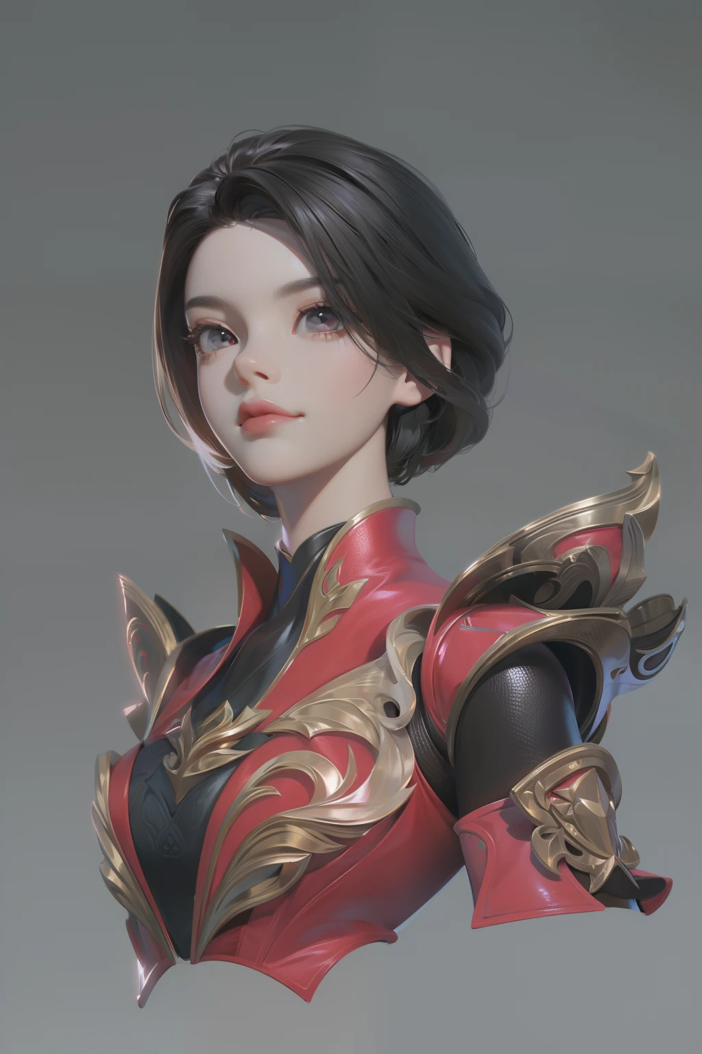 solo, super fine photo, portrait digital art Unreal Engine 5 8K UHD of a girl, concept art, character concept design, wearing red tight shiny suit with metallic details, long black glove, short hair, best quality, masterpiece, super detailed, sharp focus, female pose