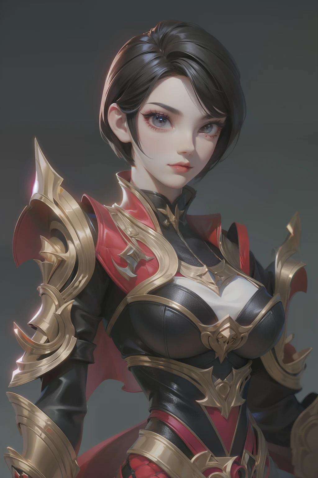 solo, super fine photo, portrait digital art Unreal Engine 5 8K UHD of a girl, concept art, character concept design, wearing red tight shiny suit with metallic details, long black glove, short hair, best quality, masterpiece, super detailed, sharp focus, female pose