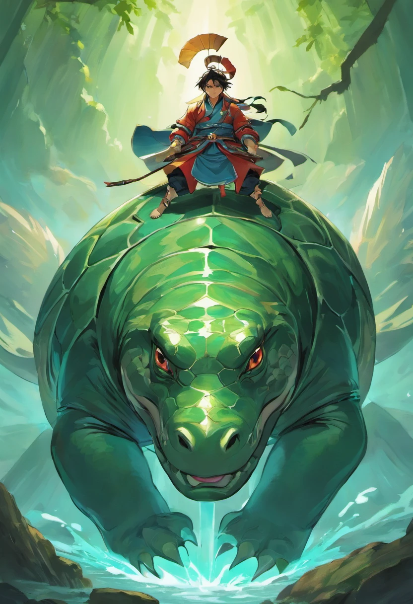 Chinese mythology,above the mountains,A giant turtle,Xuanwu,in dark style,Huge dams,Huge body contrast,(ultraclear),(best qualtiy)The work of a CG artist depicts the legendary Chinese sacred beast turtle. It is a huge body and a brilliant carapace gemstone, A boy dressed in black Hanfu on the back of a sacred beast turtle is detailed, full of the artist's creativity and imagination. Painting style Using Chinese ink painting techniques, And what is in the painting seems to fly into the air in the ink landscape painting. This work is full of charm and mystery of traditional Chinese culture, Make people feel like they're in a world of myths and legends, --AR 3:4 --V 5