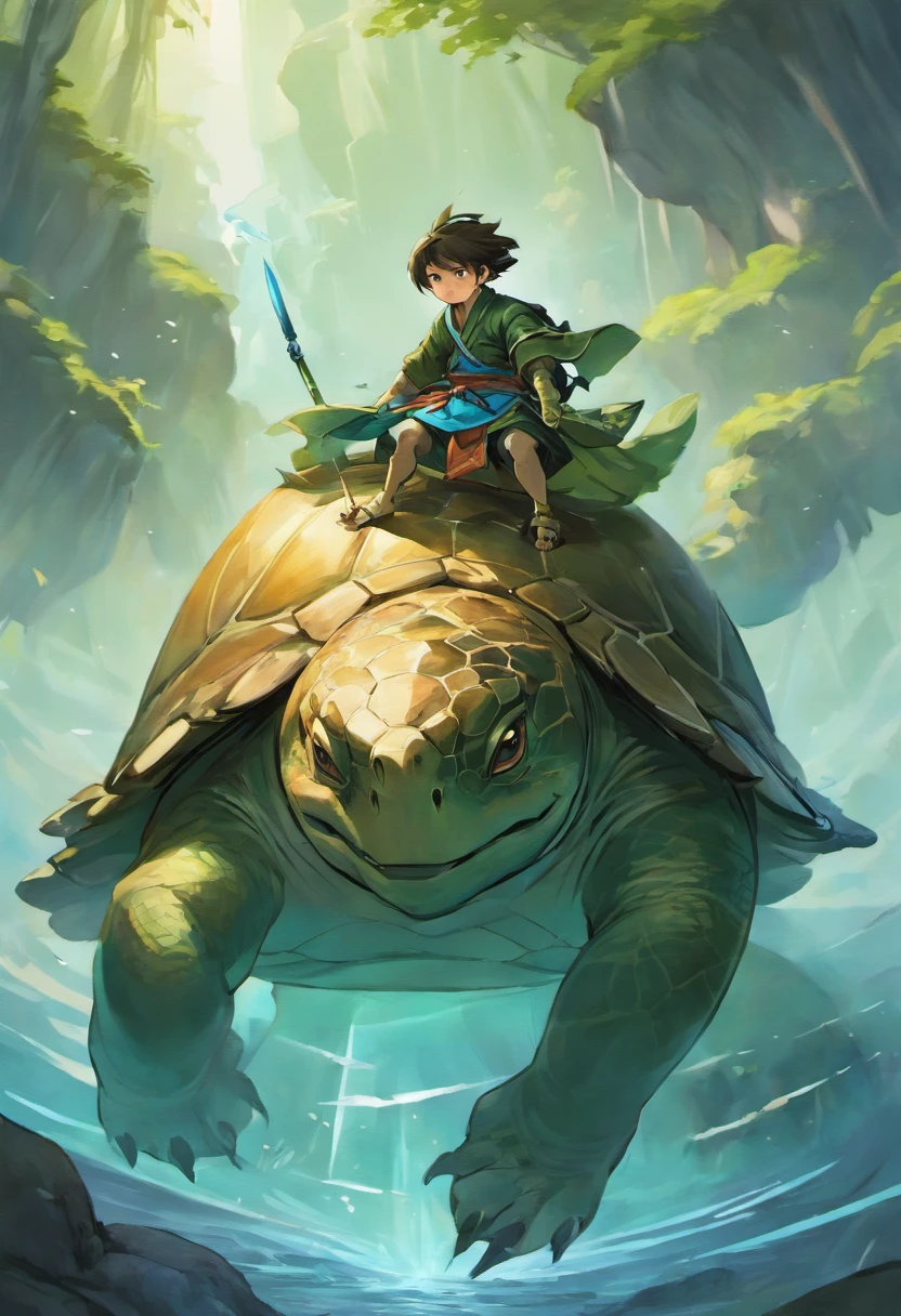 Chinese mythology,above the mountains,A giant turtle,Xuanwu,in dark style,Huge dams,Huge body contrast,(ultraclear),(best qualtiy)The work of a CG artist depicts the legendary Chinese sacred beast turtle. It is a huge body and a brilliant carapace gemstone, A boy dressed in black Hanfu on the back of a sacred beast turtle is detailed, full of the artist's creativity and imagination. Painting style Using Chinese ink painting techniques, And what is in the painting seems to fly into the air in the ink landscape painting. This work is full of charm and mystery of traditional Chinese culture, Make people feel like they're in a world of myths and legends, --AR 3:4 --V 5