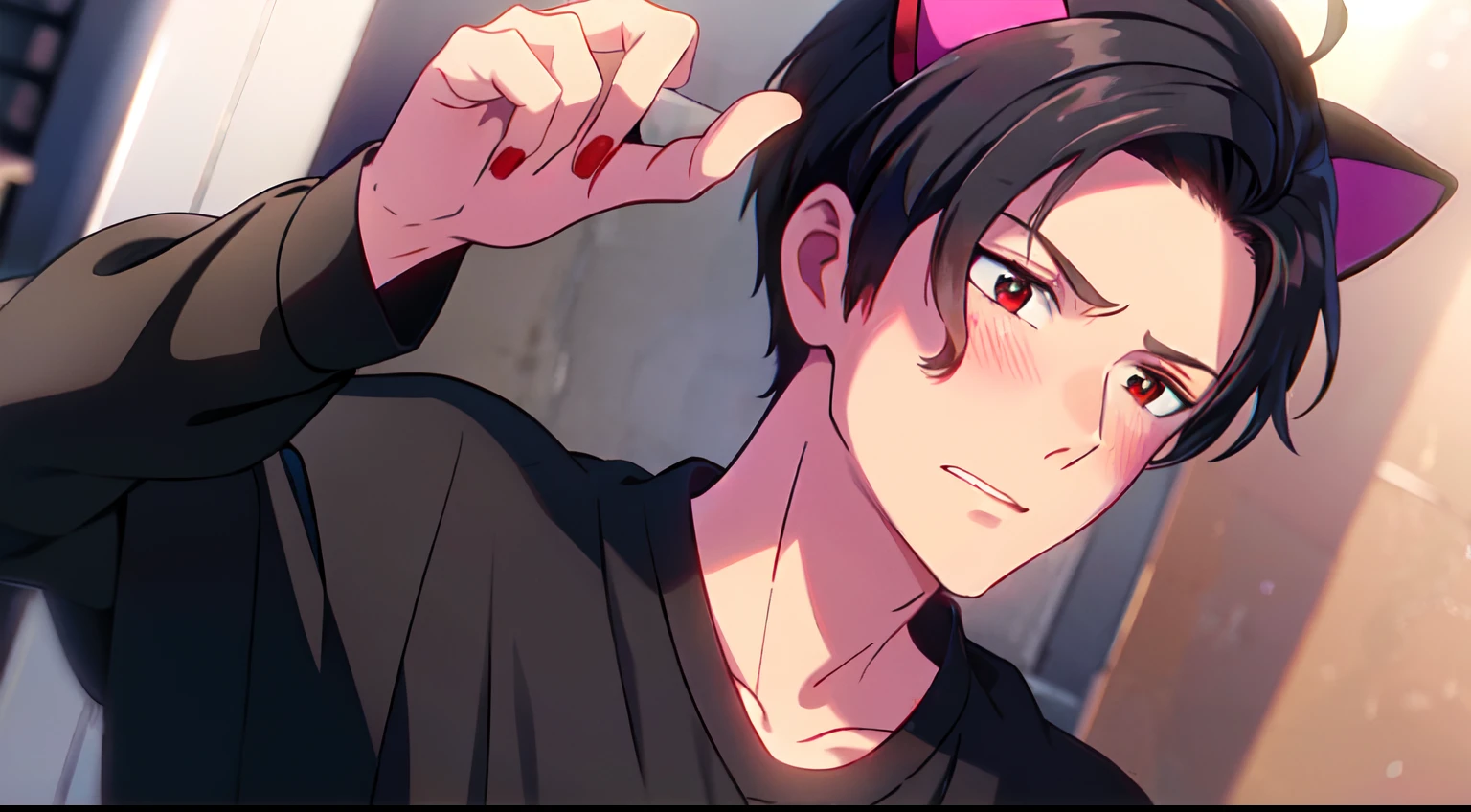 masterpiece, 1Man, luci, red eyes, black hair, flustered, blush, cat ears