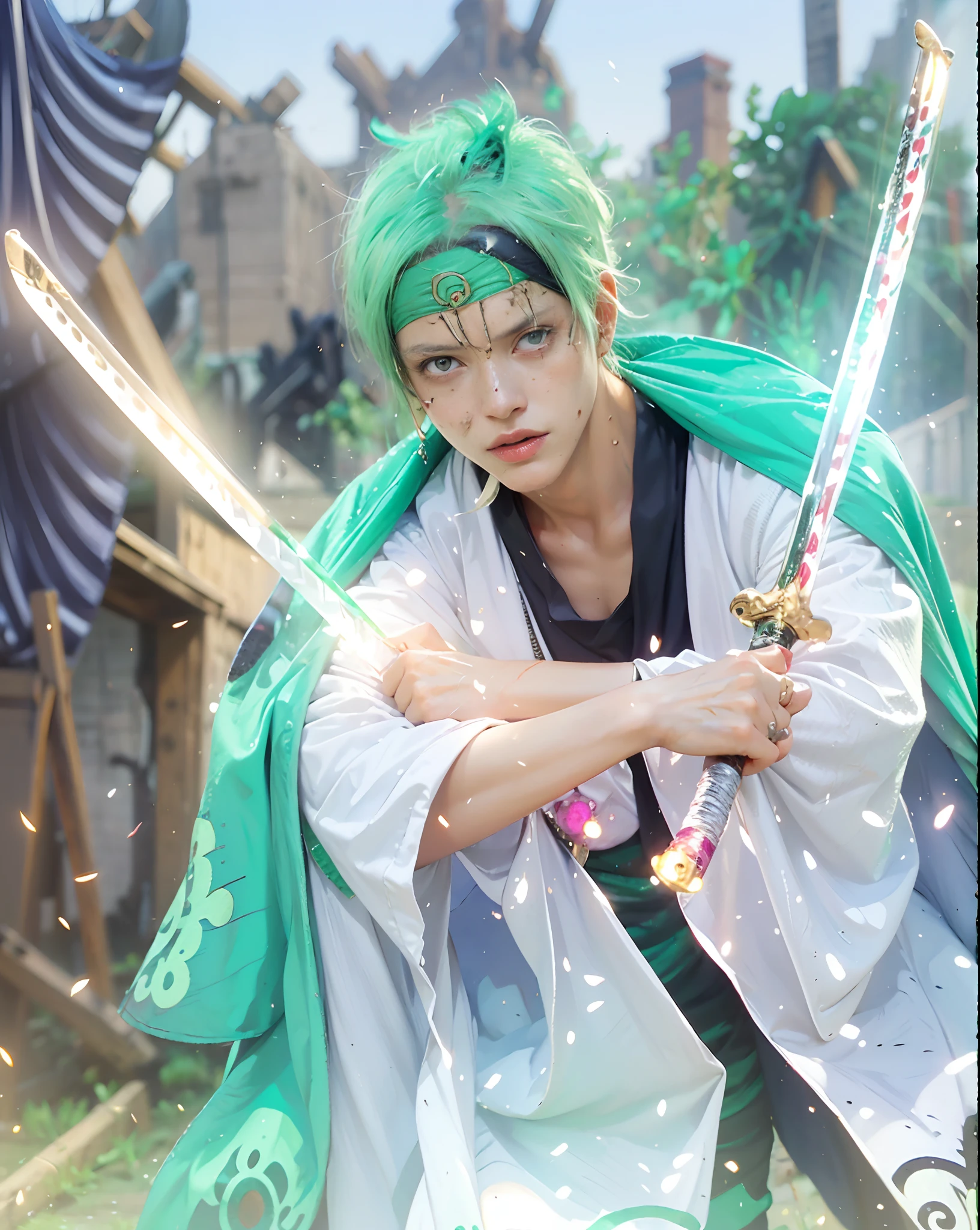 ((zoro_onepiece)),((realistic, photorealistic)),((white skin)), Green hair, (( hair light)), jewelry, navel, detached sleeves,((upper body)), (((best quality, masterpiece))), Looking for viewers, outdoor,Japanese house destroyed, light of fire ,sword light,