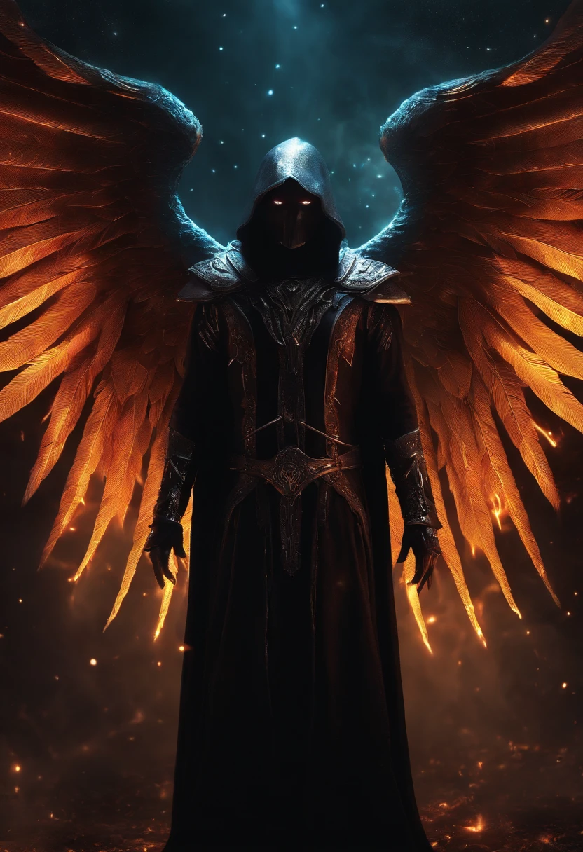 Cosmic Fallen Angel, glowing light eyes, Biomechanical, eerie, Creepy, nightmarish, Very bright colors, Light particles, with light glowing, Mshiff, wallpaper art, UHD wallpaper, anakil skywalker, 15 years, medieval clothes