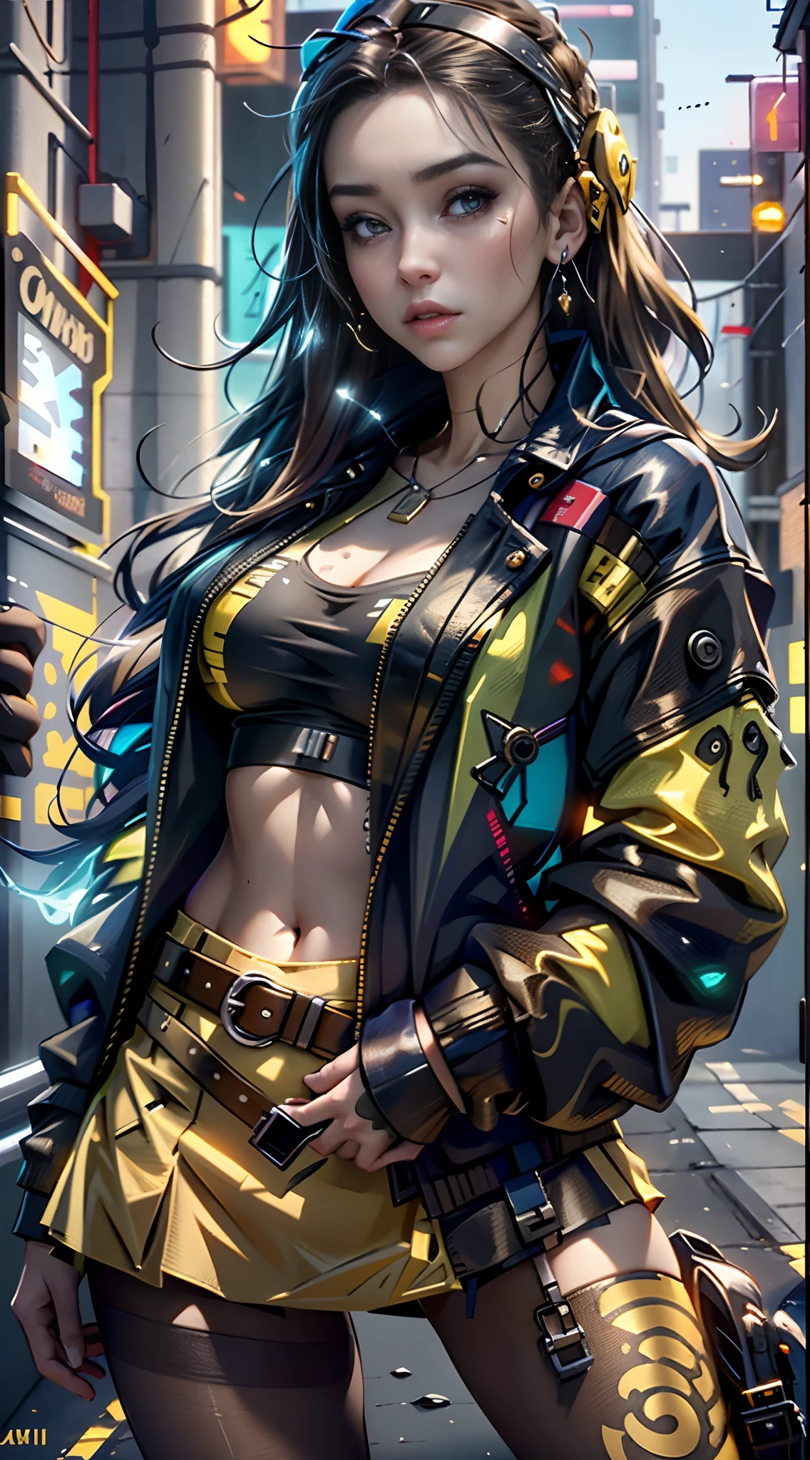Unreal Engine:1.4,Ultra-realistic 64K CG, Photorealista:1.4, Skin Texture:1.4, ​masterpiece:1.4,Beautiful women in babydoll lingerie、Short clothes in yellow cyberpunk style, Red pantyhose , mini skirt blue,