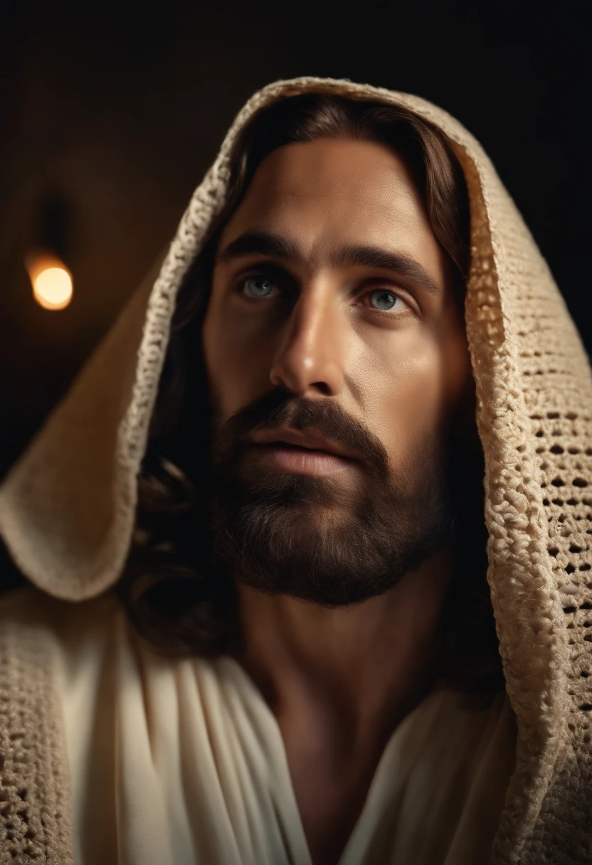 jesus cristo, clima diurno, crochet clothes, olhar fixo, foto profissional, cinematografic , Glorified Jesus, blinding light, incandescent light emanating from his face, ultra realistic photo in 4k