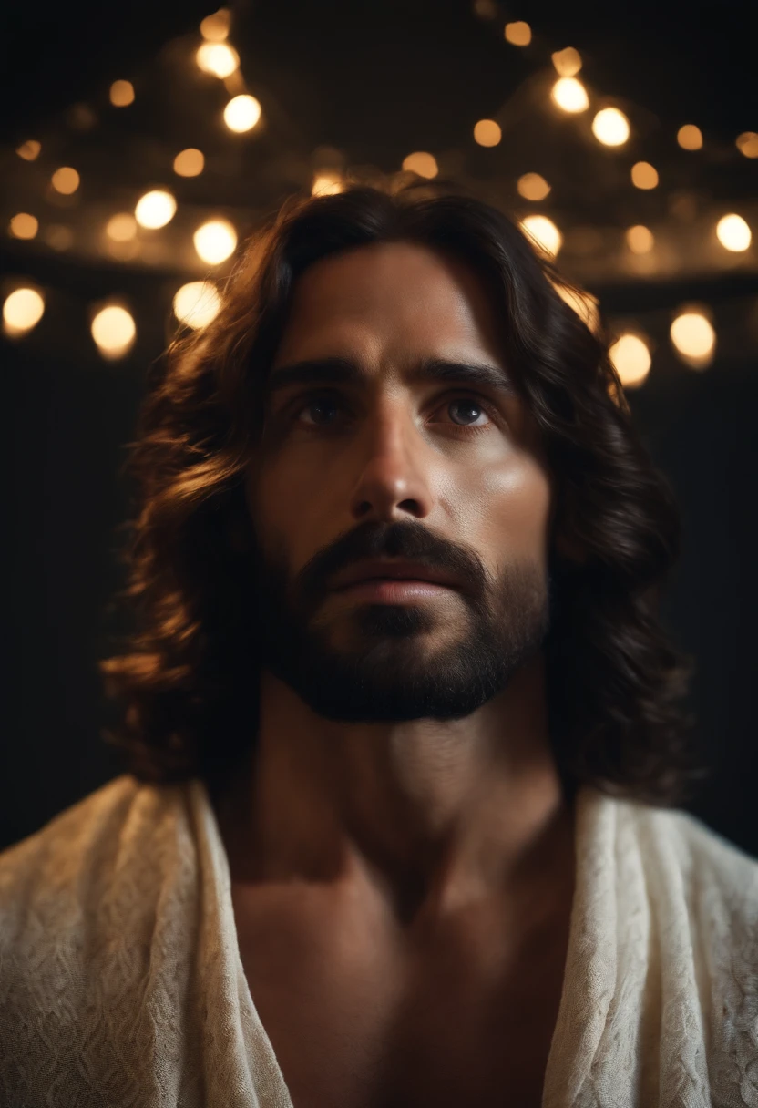 jesus cristo, clima diurno, crochet clothes, olhar fixo, foto profissional, cinematografic , Glorified Jesus, blinding light, incandescent light emanating from his face, ultra realistic photo in 4k