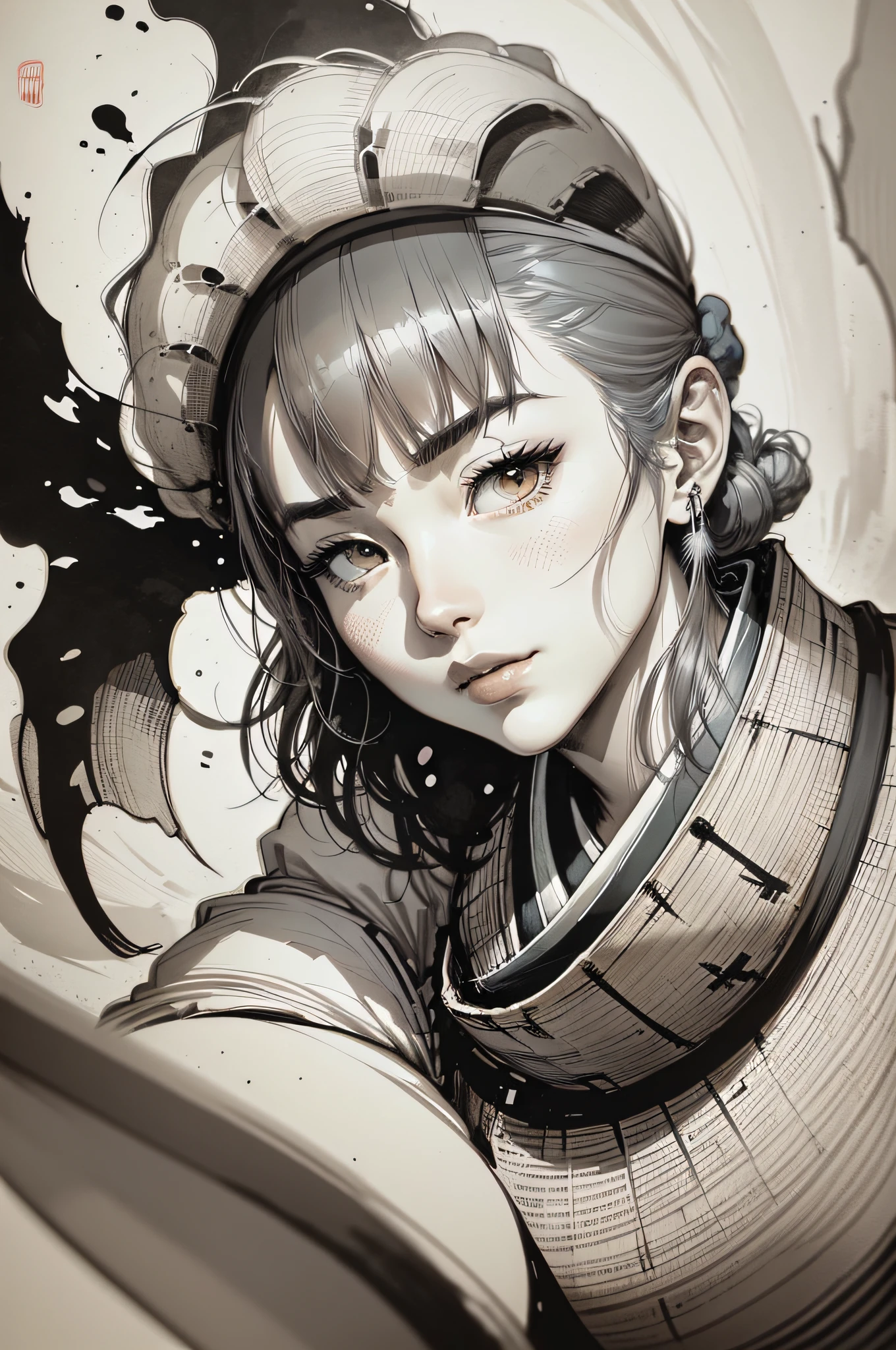 Ink drawing of something Japanese ,vintage, digital illustration, comic style, perfect anatomy, centered, dynamic, detailed, watercolor painting, artstation, concept art, smooth, sharp focus, illustration,(soft light, sharp), professional photograph, intricate details, soft cinematic light, lowra
