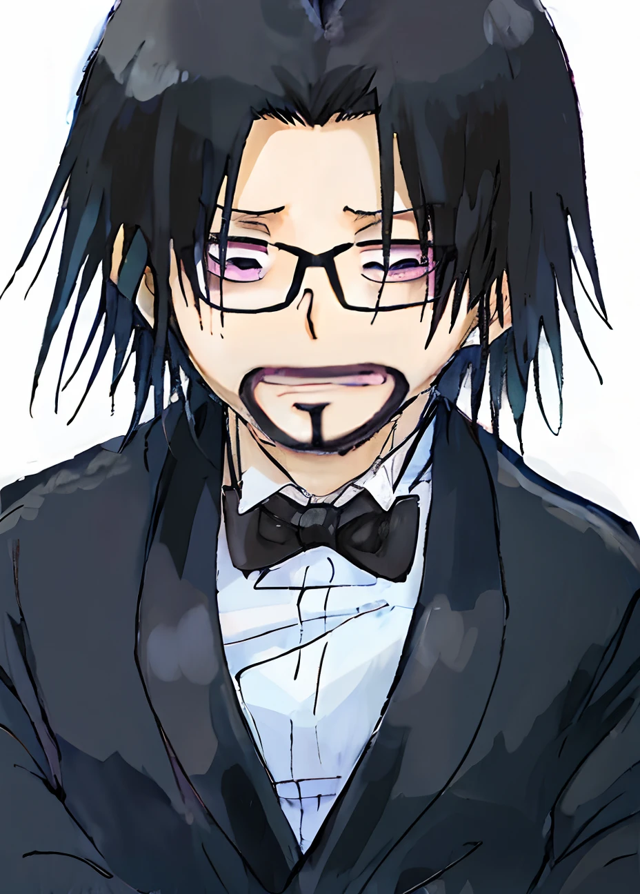 anime guy with black hair and glasses wearing a bow, goatee, with glasses and goatee, hideaki anno anime, akiyuki shinbou, inspired by Iwao Takamoto, as an anime character, inspired by Okumura Masanobu, okata kazuto, anime man, inspired by Yamagata Hiro, akiyuki shinbo, sad boy, sad style, sad Man,