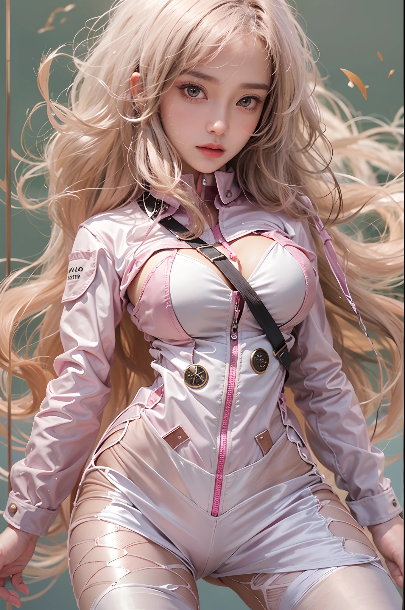 (Highest resolution, distinct_image) Best quality, A masterpiece of women, Highly detailed, Half realistic,(Most of the body),Pink Long Hair, bangs, 18 years old, Young,Black accessories,Pink-purple flight suit,stand-up collared shirt,sharpy face,(Brown eyes, hair between eye), Fluorescent long coating (Broken glass),(Plain white background),Cold, Serious,authoritative,Powerful,(Standing painting),(Exquisite facial features, Exquisite facial features),gigantic breasts,l tits,The grooveoses the original skin