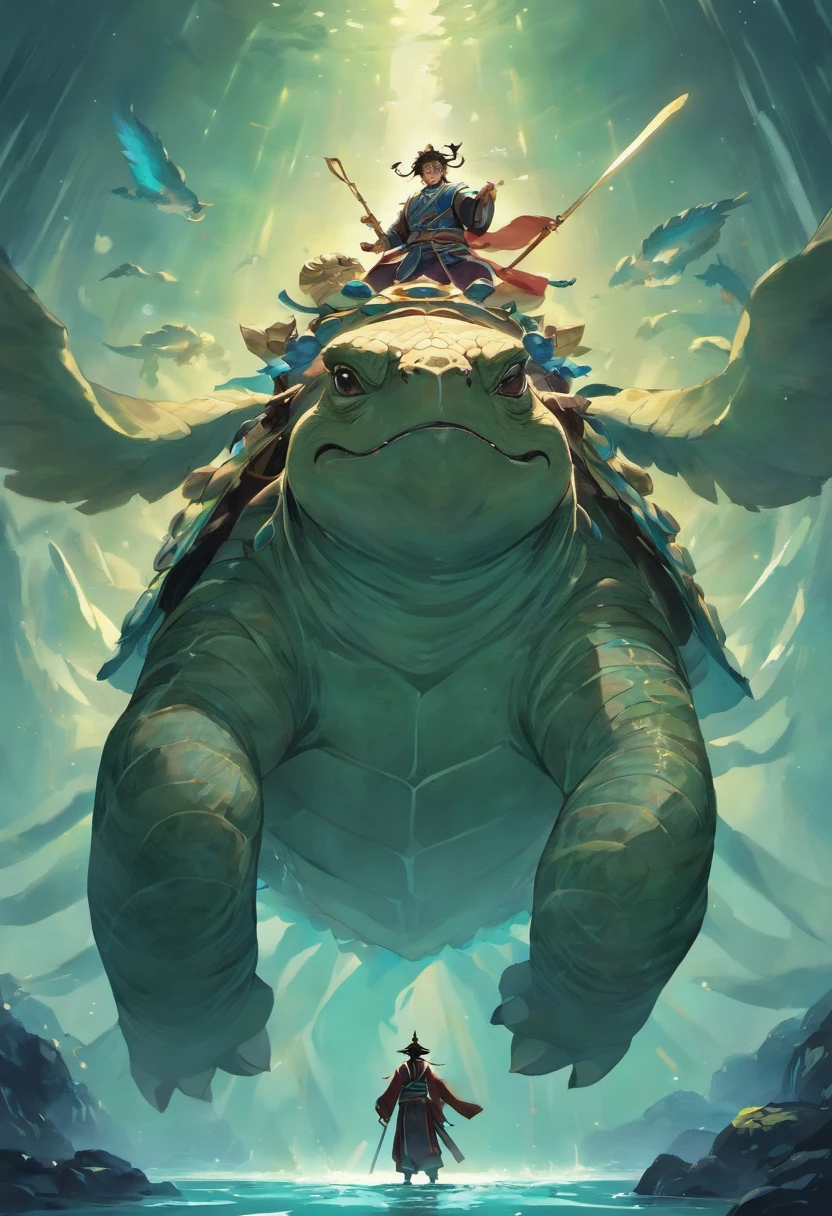 Chinese mythology,There are huge basalt in the water,Turtle,Emits blue light,in dark style,Huge dams,Huge body contrast,(ultraclear),(best qualtiy)The work of a CG artist depicts the legendary Chinese sacred beast turtle. It is a huge body and a brilliant carapace gemstone, A boy dressed in a black Hanfu on the back of the sacred beast turtle is full of details of the artist ,Hue gray creativity and imagination. Painting style Using Chinese ink painting techniques, And what is in the painting seems to fly into the air in the ink landscape painting. This work is full of charm and mystery of traditional Chinese culture, Make people feel like they're in a world of myths and legends, --AR 3:4 --V 5