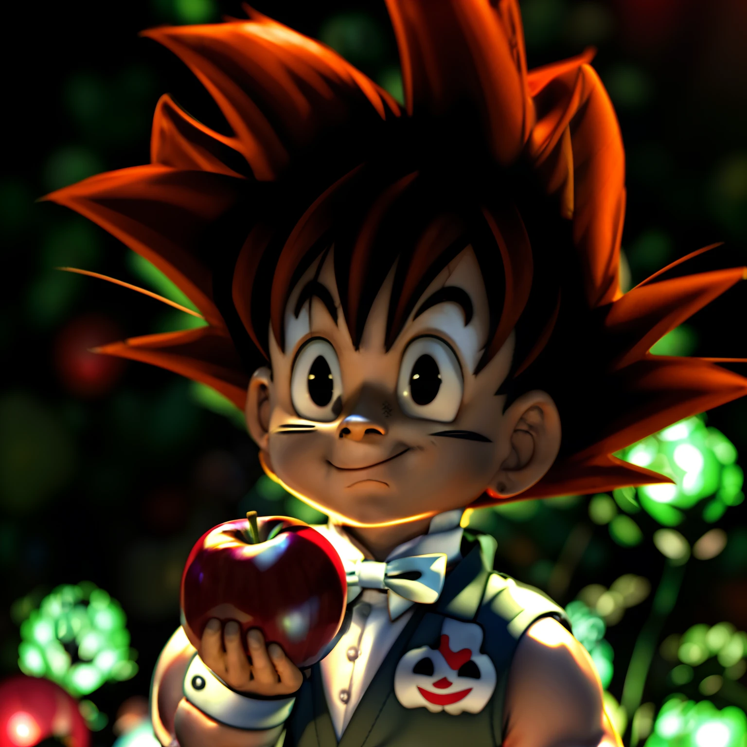 A cartoon of a boy wearing a bow tie holding a red apple, Son Goku, inspired by Tetsugoro Yorozu, toriyama akira, style of anime》, inspired by Osamu Tezuka, author:tezuka osamu, 鸟山明风格, 9 0 s anime art style, human goku, portrait of goku, Wukong, offcial art