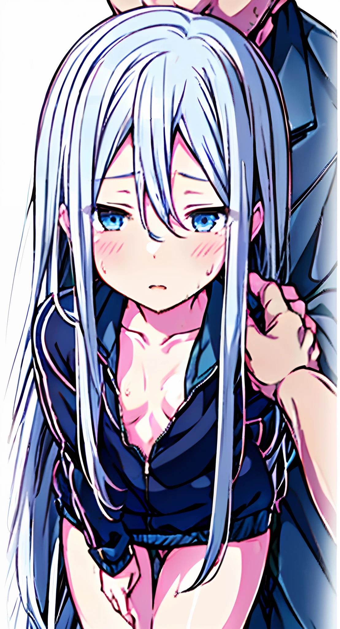masutepiece, Best Quality,Illustration, Wallpaper, ultra -detail, a small face、(((molesting)))、Gray hair color、barechested、((shame))、(Teary-eyed)、(((Nothing is worn)))、((Girl being touched by a man))、small cherry-colored nipples 、Angle from which you can see the whole body、ample breasts