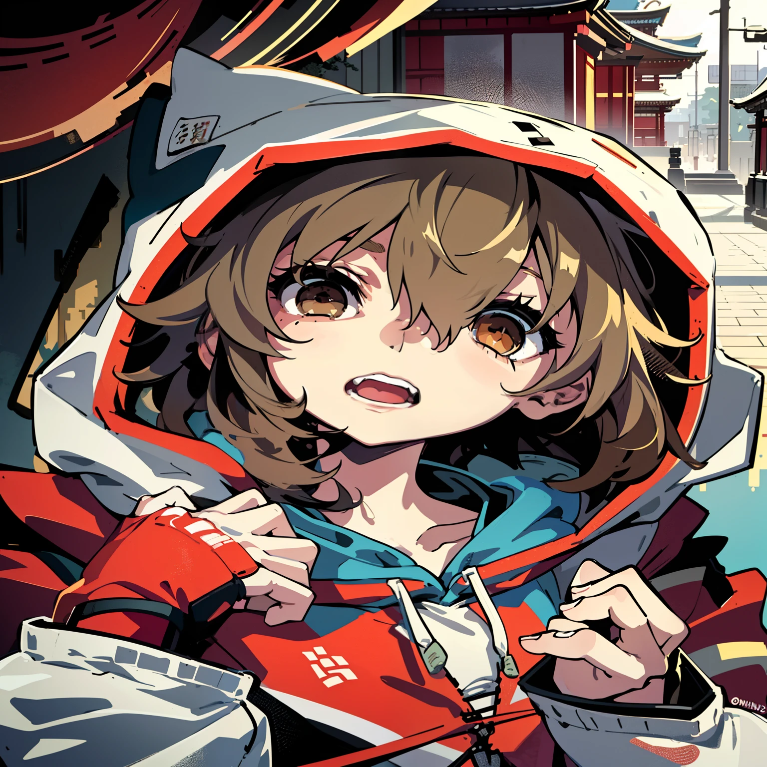 Masterpiece, Best quality, High quality, 1girll, Solo,  Hibiya_Temple, Blonde hair, Brown eyes, Hoodie，Hands behind your back，head portrait