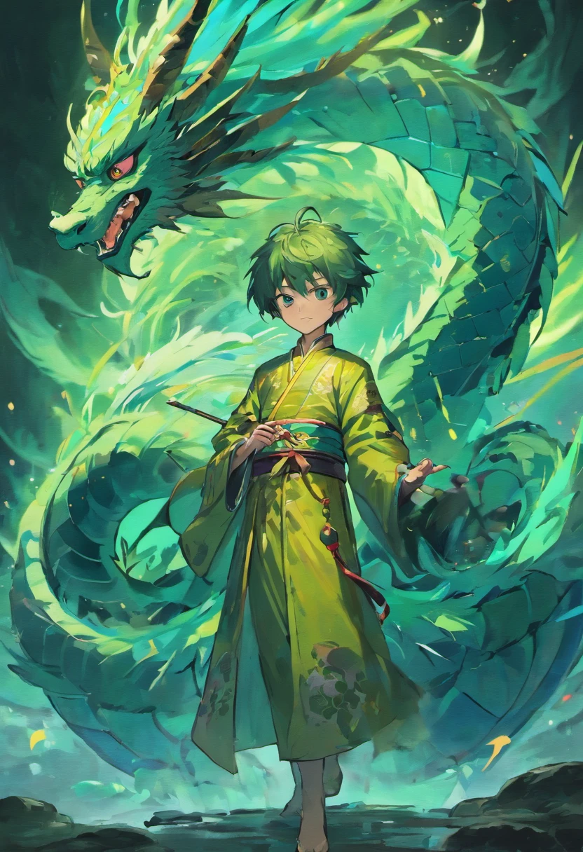 1.an ancient Chinese young boy, solo, wearing
chinese costumes, next to Azure Dragon, a
chinese ink painting, art by Qiu Ying, Zhang
Daqian, green and blue color, bright.