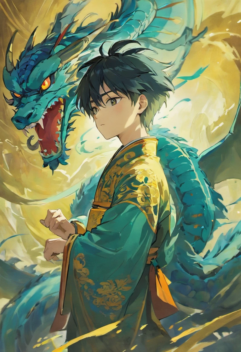 1.an ancient Chinese young boy, solo, wearing
chinese costumes, next to Azure Dragon, a
chinese ink painting, art by Qiu Ying, Zhang
Daqian, green and blue color, bright.