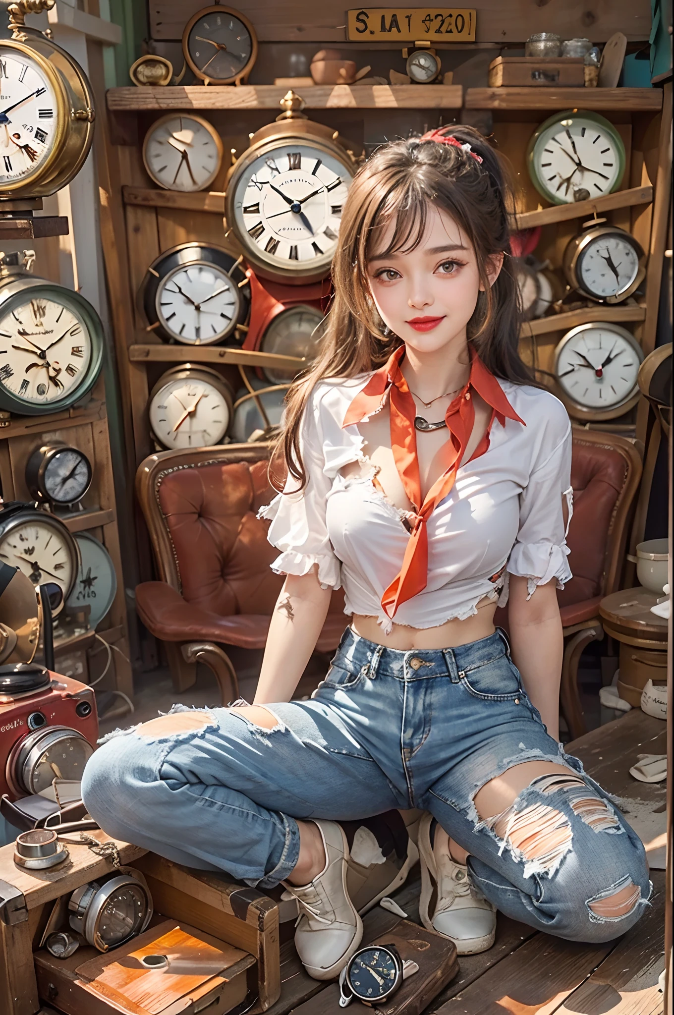 Sunlight,(Spotlight and align many old clocks in the background:1.3)(Place old clocks side by side on a low table:1.3),(Girls sell a large number of old watches at the park flea market:1.3),(White shirt that emphasizes a torn chest:1.3),(Tattered jeans:1.3),Large full breasts,nipple piercing,a necklace,(Shiny silver and orange two-tone ponytail hair,),(largeeyes,Pointed lips,red lipsticks,Cute round face,A happy smile that makes the audience happy,Red blush,),(8K quality,masutepiece,top-quality,Ultra-high resolution output image,),intricately details,(Highly detailed RAW photos:1.3),(Image mode Ultra HD),(Sea Art 2.0 mode),squatt,