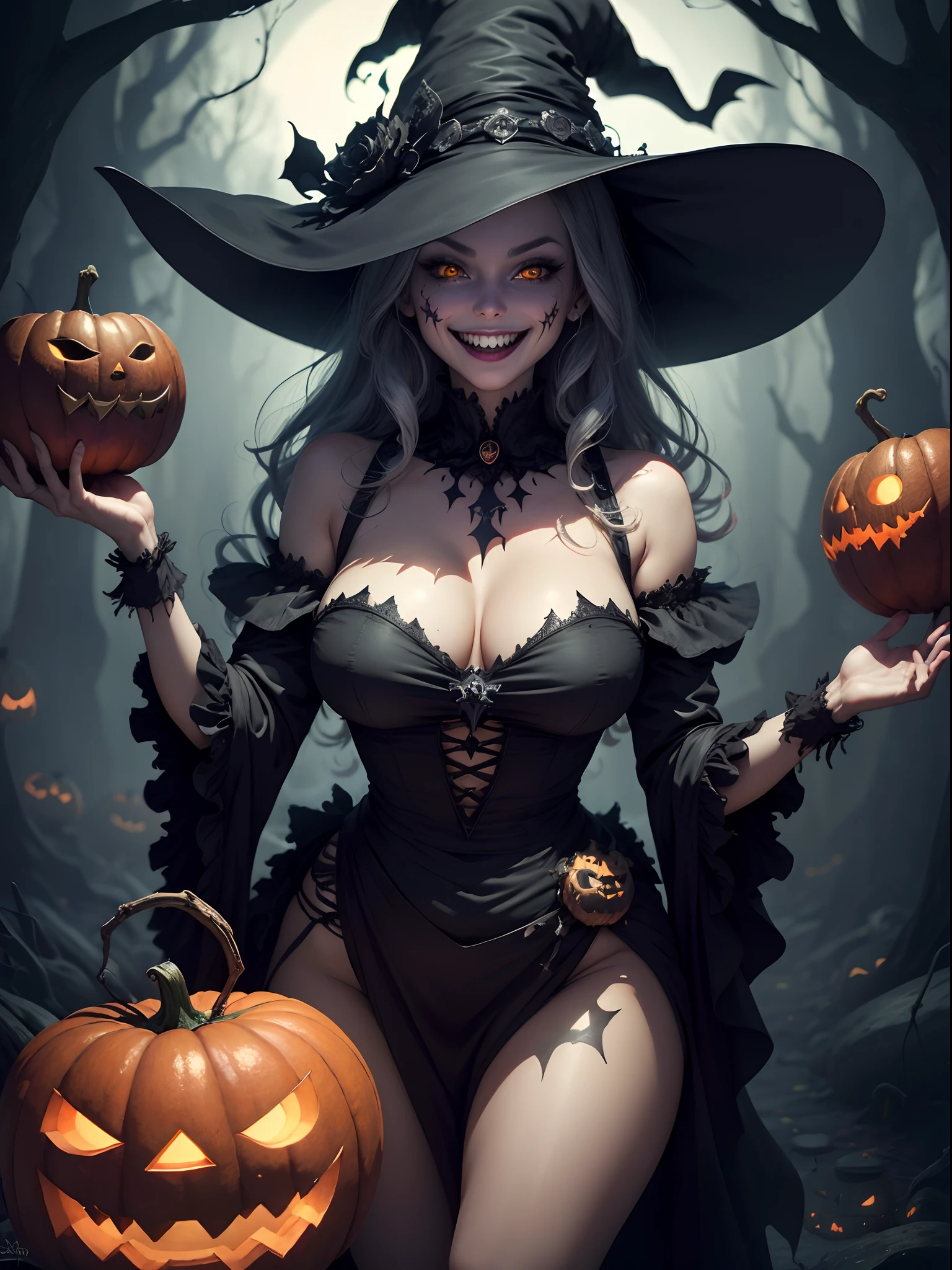 (best quality,highres,masterpiece:1.2),dark halloween themed witch woman,evil sharky big smile,glowing evil eyes,Jack-o-lanterns,scary atmosphere