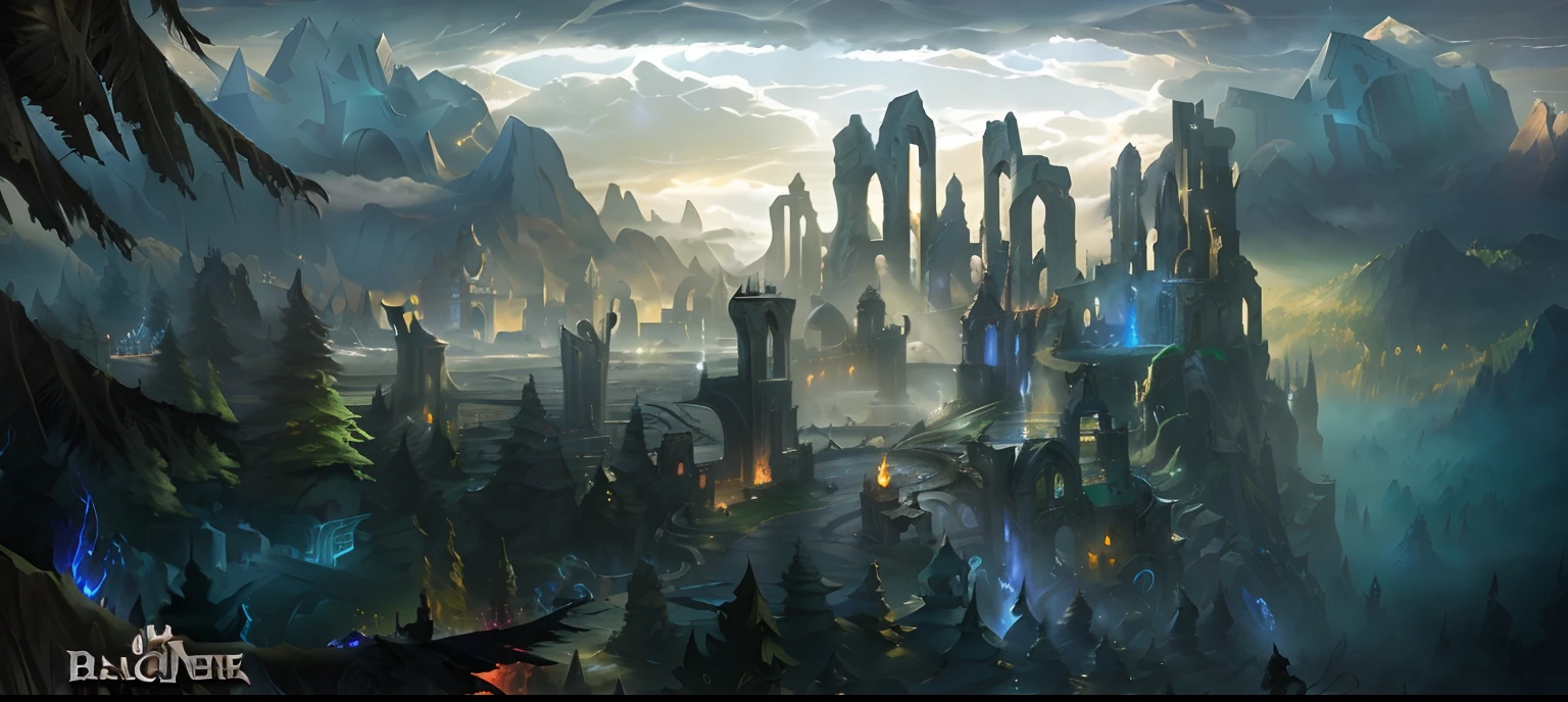 On the hill there is a painting of the city of dreams, League of Legends concept art, Riot game concept art, dota matte painting concept art, dota! matte painting concept art, league of legends arcane, league of legend illustration, matte painting arcane dota pixar, dark ruins landscape, world of warcraft art style, blizzard game concept art, league of legends art