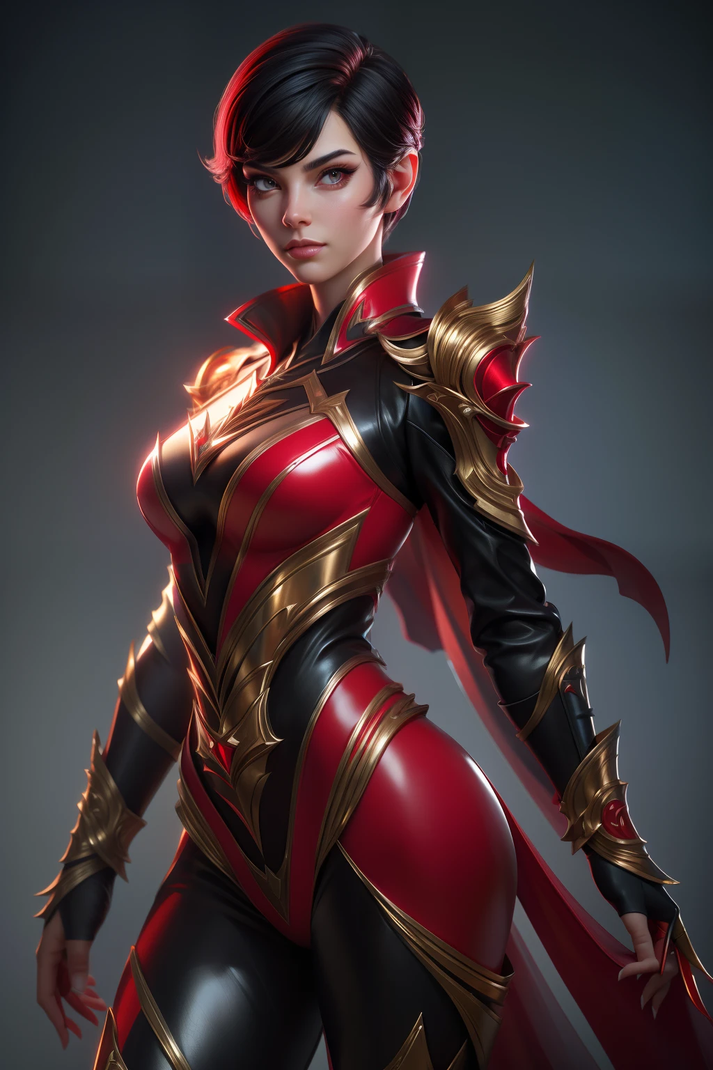 solo, super fine photo, portrait digital art Unreal Engine 5 8K UHD of a girl, concept art, character concept design, wearing red tight shiny suit with metallic details, long black glove, short hair, best quality, masterpiece, super detailed, sharp focus, female pose