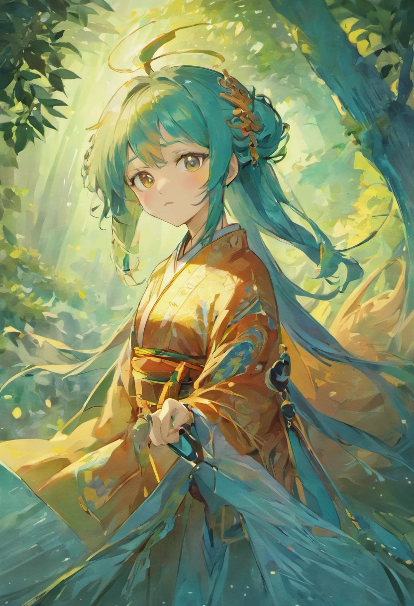 An ancient Chinese painting,Ancient Chinese background,mountain ranges,rios,Shanhai Jing is an ancient Chinese boy, Solo, Wear Chinese clothing, Next to the Azure Dragon, A Chinese ink painting, Qiu Ying's art, Zhang Daqian, green and blue, Bright.
