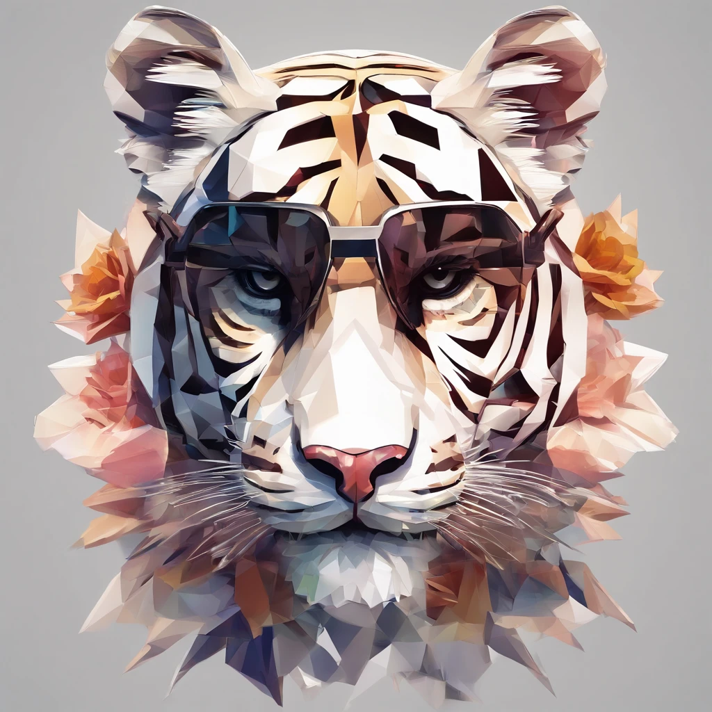Perfect alignment, Cute little tiger in jacket,crystal vases,Rose flower, Wearing sunglasses, cheerfulness, Standing position, Abstract beauty, Centered, Looking at the camera, Facing the camera, nearing perfection, Dynamic, Highly detailed, smooth, Sharp focus, 8K, high definition resolution, illustration, Art by Carne Griffiths and Wadim Kashin, White background