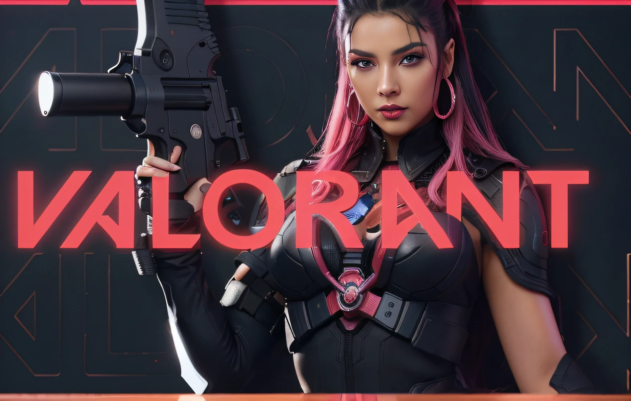 A beautiful female character with a gun in her hand, contra um fundo rosa. Her hair is black with pink highlights. The image is of the highest quality, ultra-realistic, with vivid colors. The character's eyes are detailed, (olhos azul) blue eyes, Lips are beautifully shaped. Lighting is studio, with sharp focus and fine details. The medium used to create this artwork is a digital illustration. weapon in hand.