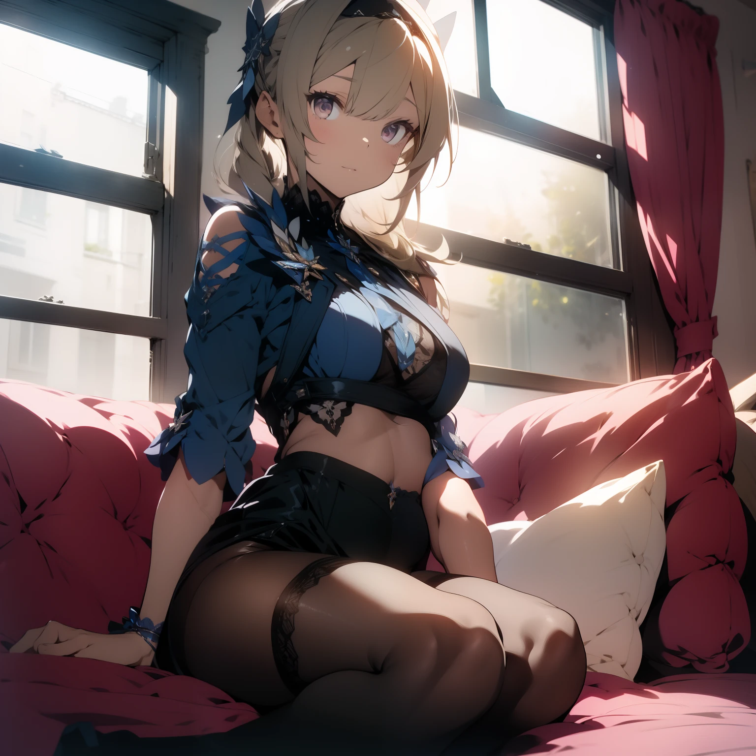 araffed Eula in a blue lingerie and pantyhose laying on a couch, on a couch, pretty face with arms and legs, side ponytail, braided hair, diadem, sexy look at the camera, sitting on the couch, beautiful angle, good young girl, sitting on her bed, sitting on the bed, sexy girl, sitting on a bed, posing in bed, lace, sheer, visible bellybutton, blonde, pink eyes
