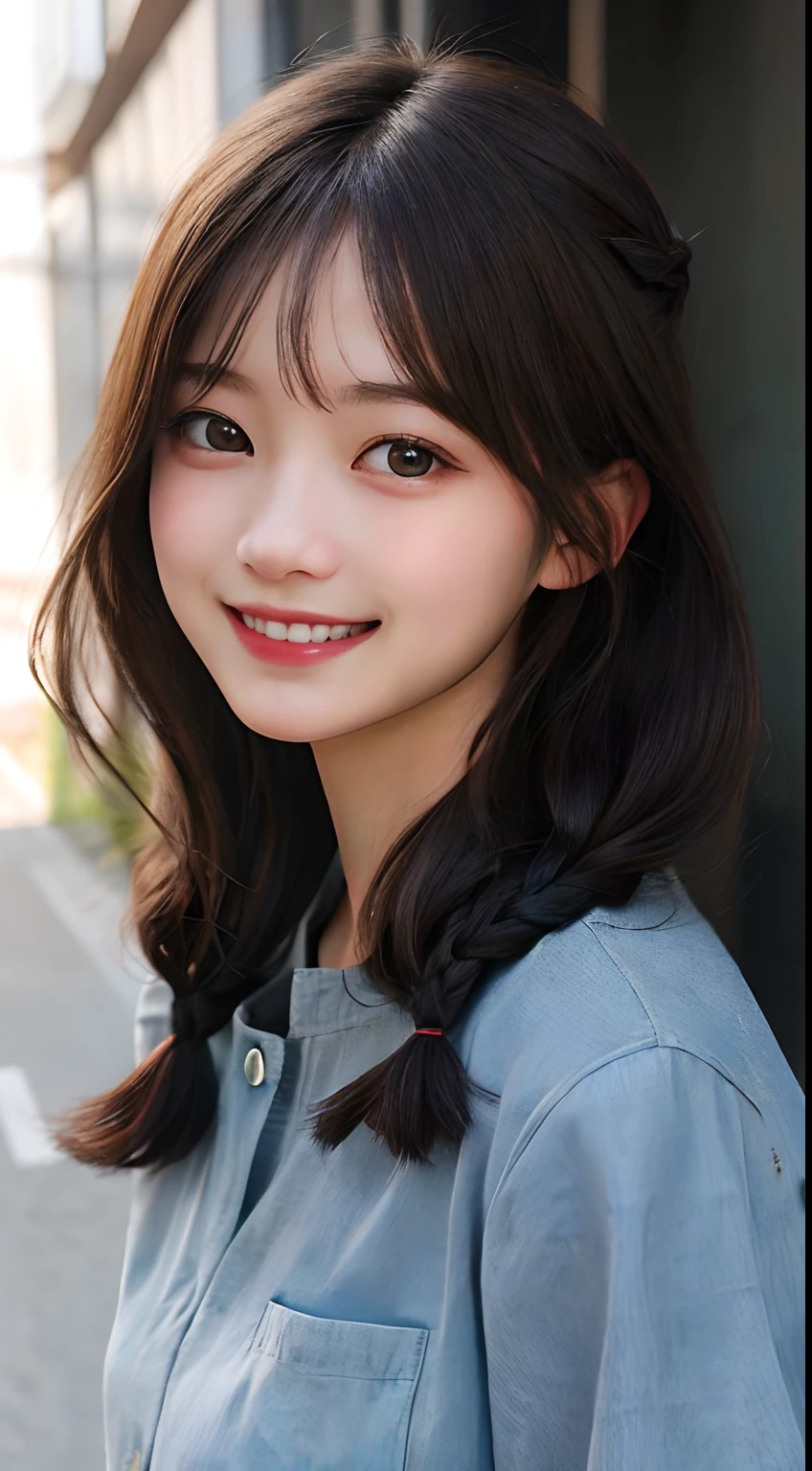 ((Top image quality、RAW shooting、tmasterpiece:1.3))、((Casual hairstyle、Oversized details、Hair swaying in the wind):1.3)、Face with super detail、Elaborate Eyes、二重まぶた、(innocent smiles:1.4)、kindly smile、(C Cup Girl、23 years old Looks 19 years old)、(The eyes are random colors:1.3)、Toned lower body、High-quality photos
