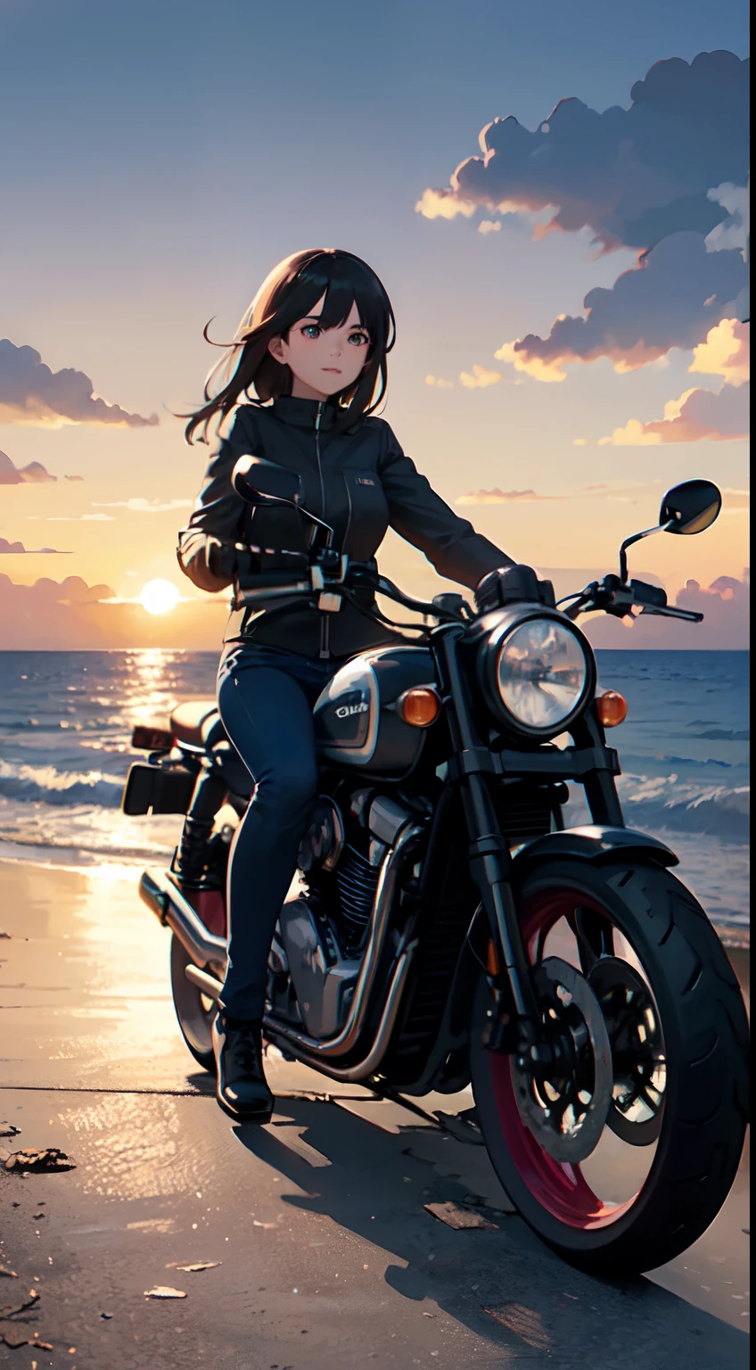 top-quality, ​masterpiece, 16k picture quality, a beautiful girl ride on motorcycle, that is American type Motorcycle, background is sunset seashore, beautiful clouds