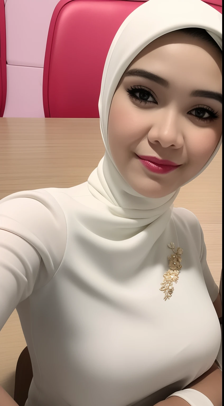 Malay girl, very short white hair, Sculpted Pixie cut hair, wear white kebaya, happy pose, front view, windy, detail skin, age spot, detail skin texture, mole below eyes, small breast, flat chest, wide hips, small waists, thick thighs, slim abs, beautiful body, nighttime, laughing, happy, bright lighting, white hotel living room, blur background, bokeh,