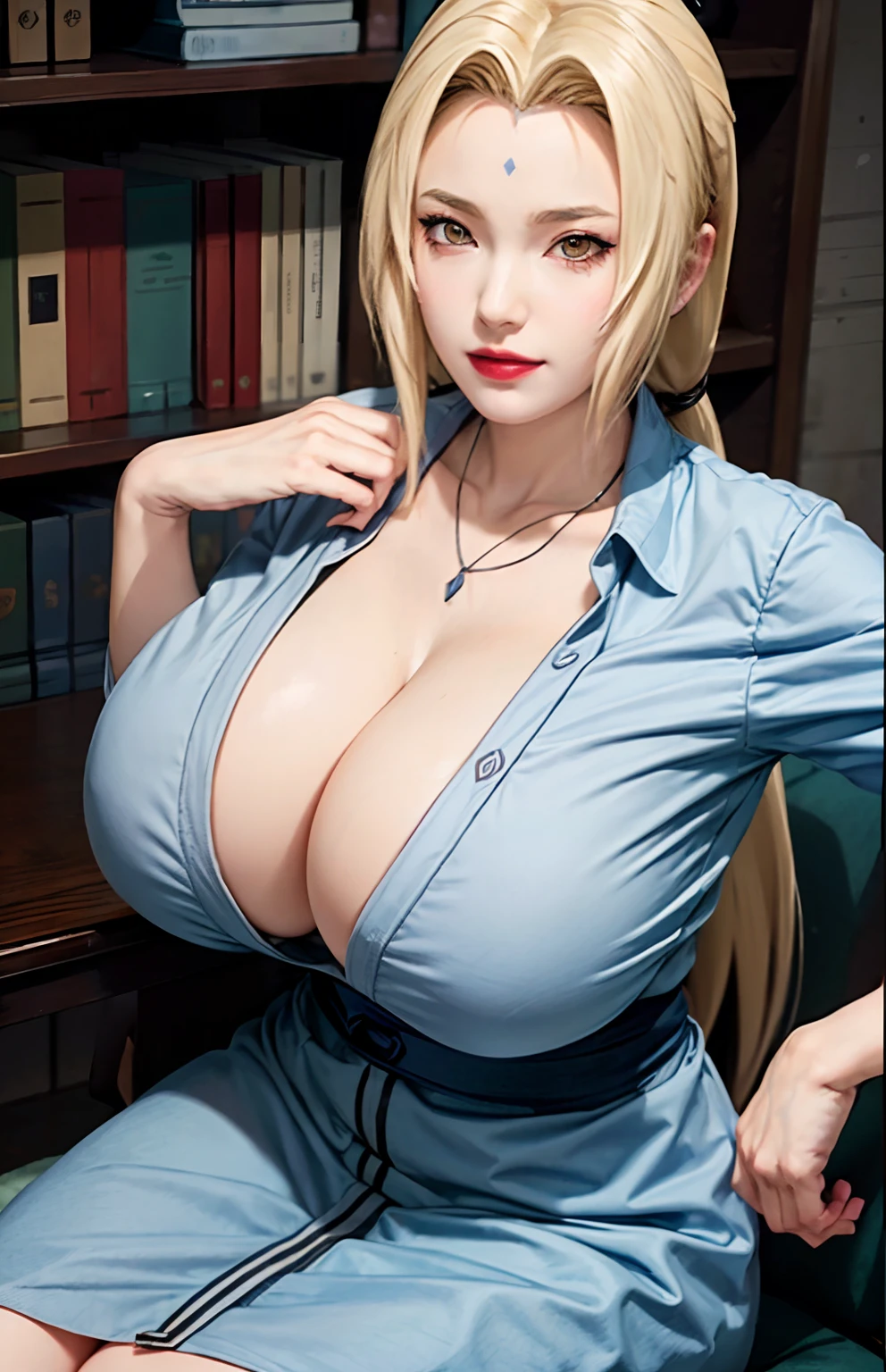 (huge tits), cleavage, good anatomy, masterpiece, best quality, 4k, 8k, professional photography, soft light, sharp focus, 1 girl, blonde hair, kimono, (mountai), clouds, blonde hair, parted banks, detailed face+brown eyes, smile, closed lips, lipstick, bookshelves, windows,realistic, Tsunade in anime (Naruto)