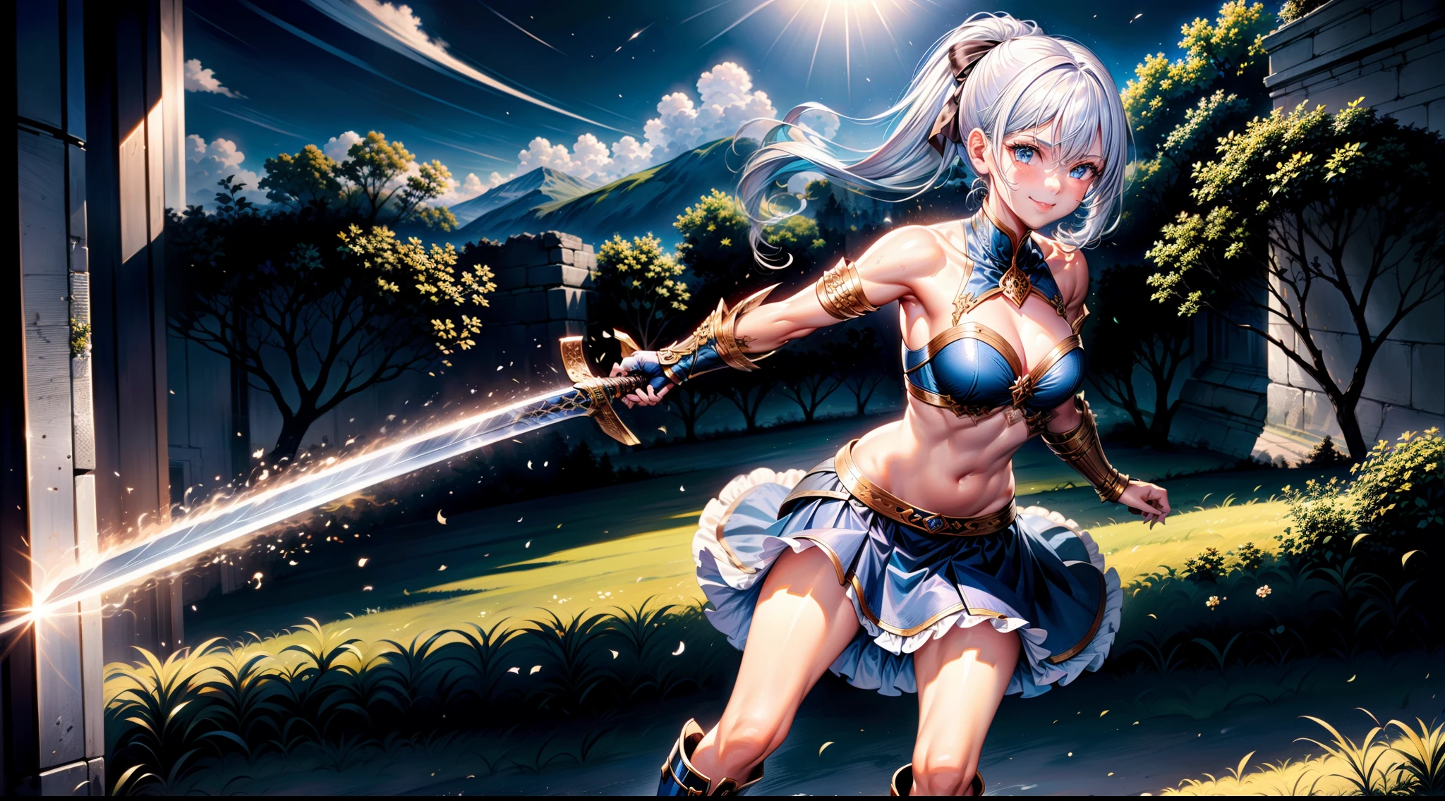 Very delicate and beautiful in 8K, Dynamic Angle, ​masterpiece, top-quality, depth of fields, (femele１a person, Original Characters, Dainty beauty, 22year old, small tits, Slender body, [Dye cheeks], (Beautiful glowing skin, Pretty and beautiful face, detailed facial features, Features of a beautiful body, Feminine body:1.1), Blue eyes, (Detailed beautiful hair, white color hair:1.2), hair between eye, (poneyTail:1.2), Pony Hook Ribbon, Fantasy worldview:1.0), (Bare shoulders, Navel Ejection, Dark blue costume, battle costume, Bust Plate, pleatedskirt, waist side armor, knee boots:1.2), Fantasy worldview:1.0), Combat stance, holding a katana, Hold your sword overhead, Cool pose, Smile with tension, Sweat flows, (Landscape in the ruins, evening, Detailed background, Powerful backgrounds:1.1),