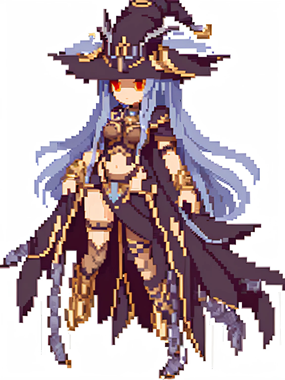 a pixel art of a woman in a hat and dress, mystical anubis valkyrie, dark sorceress full view, visual novel sprite, full body sprite, dark sorceress fullbody pose, /!\ the sorceress, shadowverse style, gothic maiden shaman, art of kirokaze pixel, extremely detailed goddess shot, sprite art, female earth mage