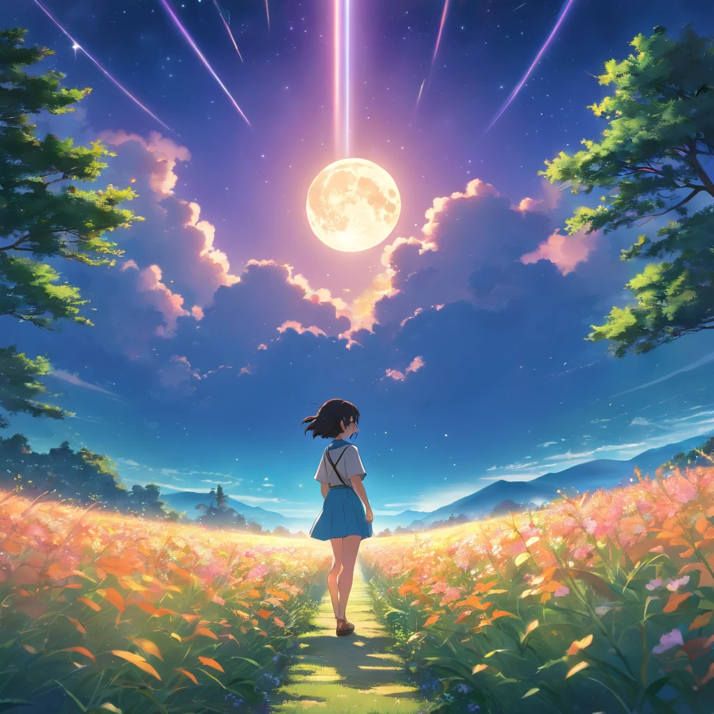 By Shinkai Makoto, Vast landscape photos , (View from below，Displays the sky above and clear below), a girl standing on flower field looking up, (fullmoon:1.2), ( meteors:0.9), (Starcloud:1.3), Far Mountain, Tree Break Production Art, (Warm light source:1.2), (firefly:1.2), lamp lights, Lots of Purples and Oranges, Intricate details, Volumetric Lighting BREAK (masutepiece:1.2), (Best Quality), 4K, Ultra-detailed, (dynamic compositions:1.4), Highly detailed, Colorful Detail,( Iridescent colors:1.2), (Luminous lighting, Atmospheric lighting), Dreamy, Magical, (Solo:1.2)