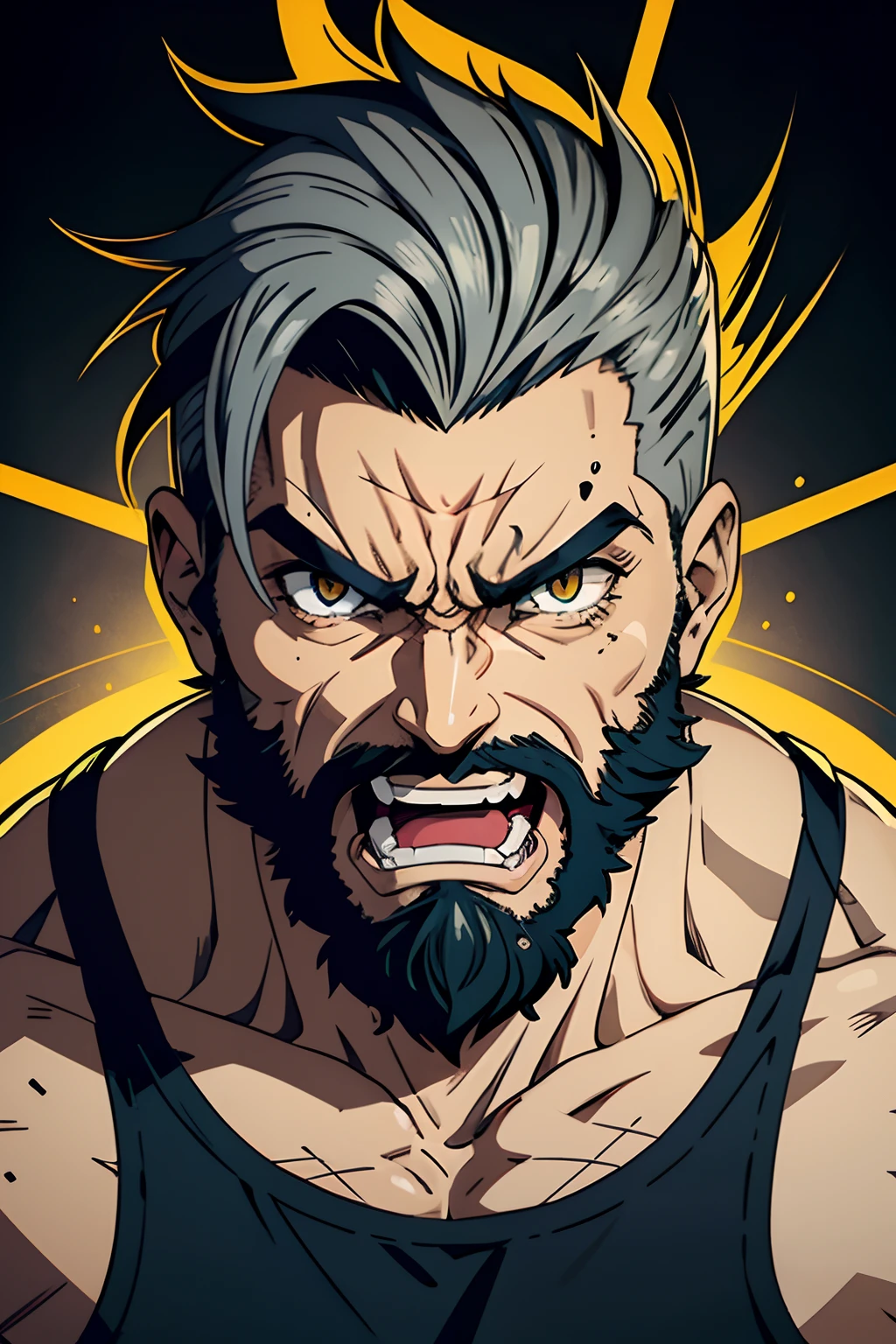 1man, grey short hair, hazel eyes, bushy beard, jojo's bizarre adventure anime style, angry rage, emoji, twitch, vector art, sticker