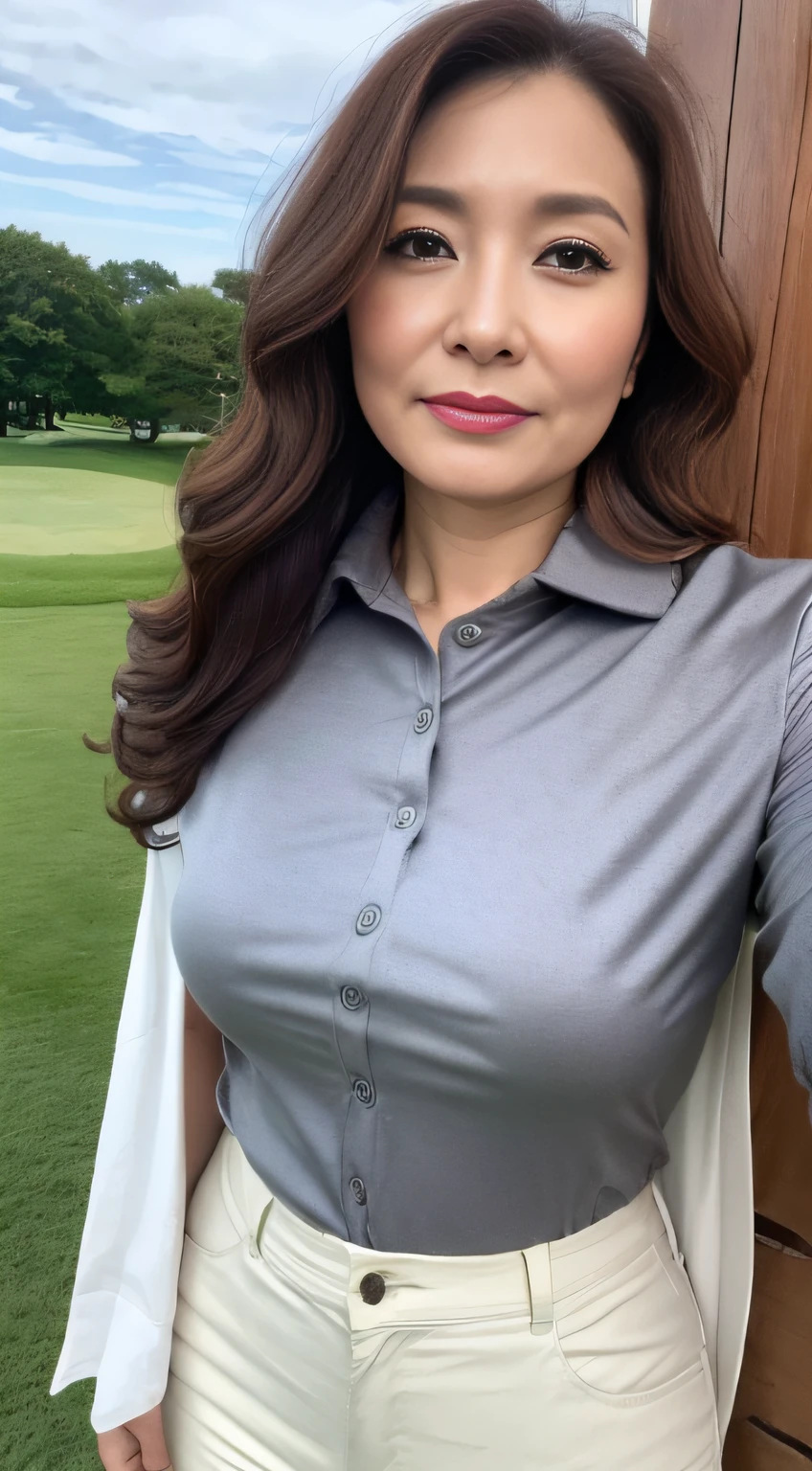 ((midynight, Need, 8K, tmasterpiece:1.3)), full bodyesbian, Long legs, Focalors:1.2, perfect figure beautiful woman:1.4, ((Dark brown hair)), (Golf shirt and pants, standing on your feet:1.2), ((sobu)), Highly detailed facial and skin texture, A detailed eye, 二重まぶた,Beauty,Wavy hair, Wrinkles at the corners of the eyes, to emphasize, ,(Big breasted 1.2),aged 40, Wrinkled eyes,