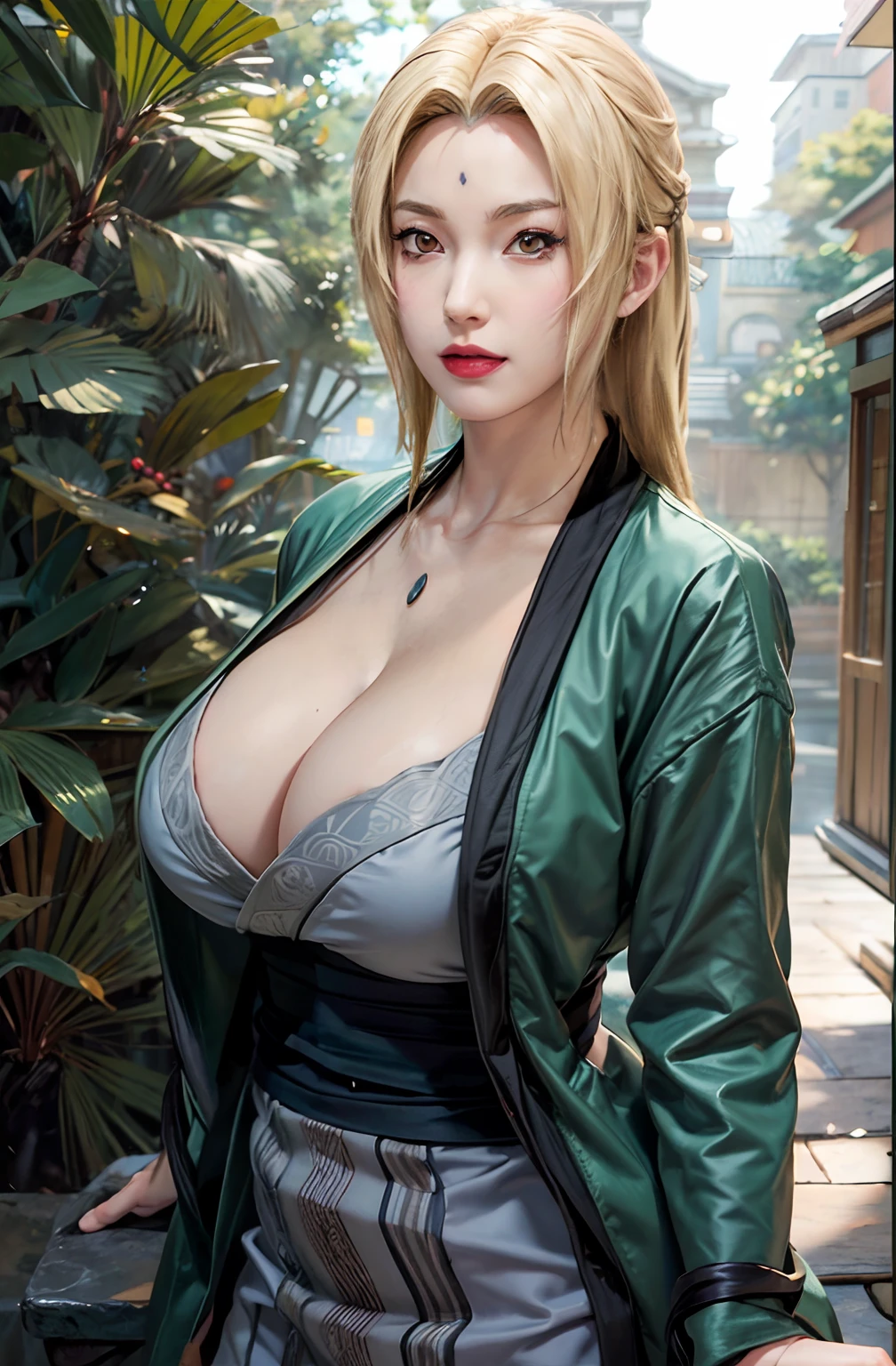 (huge tits), cleavage, good anatomy, masterpiece, best quality, 4k, 8k, professional photography, soft light, sharp focus, 1 girl,  blonde hair, kimono, (mountai), clouds, blonde hair, parted banks, detailed face+brown eyes, smile, closed lips, lipstick, bookshelves, windows,realistic, Tsunade in anime (Naruto)