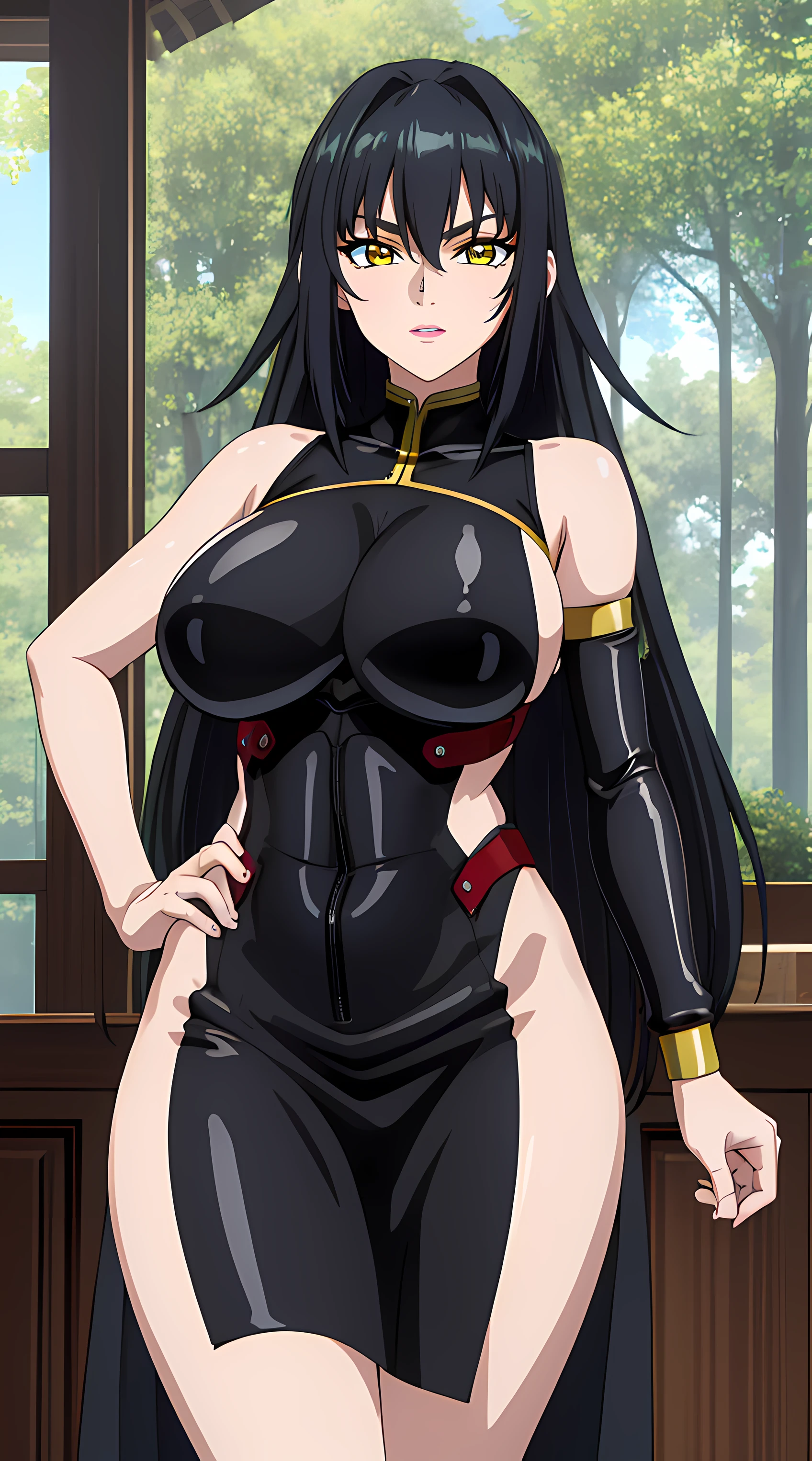 walking in forest at day background, trees, forest,
Annerose,
bodysuit latex, sideboobs, black outfit, front view,
 black_hair,yellow_eyes, long_hair, hair intakes,
1 girl, 35 years old,mature female,Beautiful Finger,Beautiful long legs,Beautiful body,Beautiful Nose,Beautiful character design, perfect eyes, perfect face, gorgeous body, sexy body,
looking at viewer, standing at attention,  (big_yellow_eyes:1.0),(beautiful smirk:1.3),
NSFW,official art,extremely detailed CG 8k wallpaper, perfect lighting,Colorful, Bright_Front_face_Lighting,
(masterpiece:1.0),(best_quality:1.0), ultra high res,4K,ultra-detailed,
photography, 8K, HDR, highres, absurdres:1.2, Kodak portra 400, film grain, blurry background, bokeh:1.2, lens flare, (vibrant_color:1.2)
(Beautiful,large_Breasts:1.4), (beautiful_face:1.5),(narrow_waist),