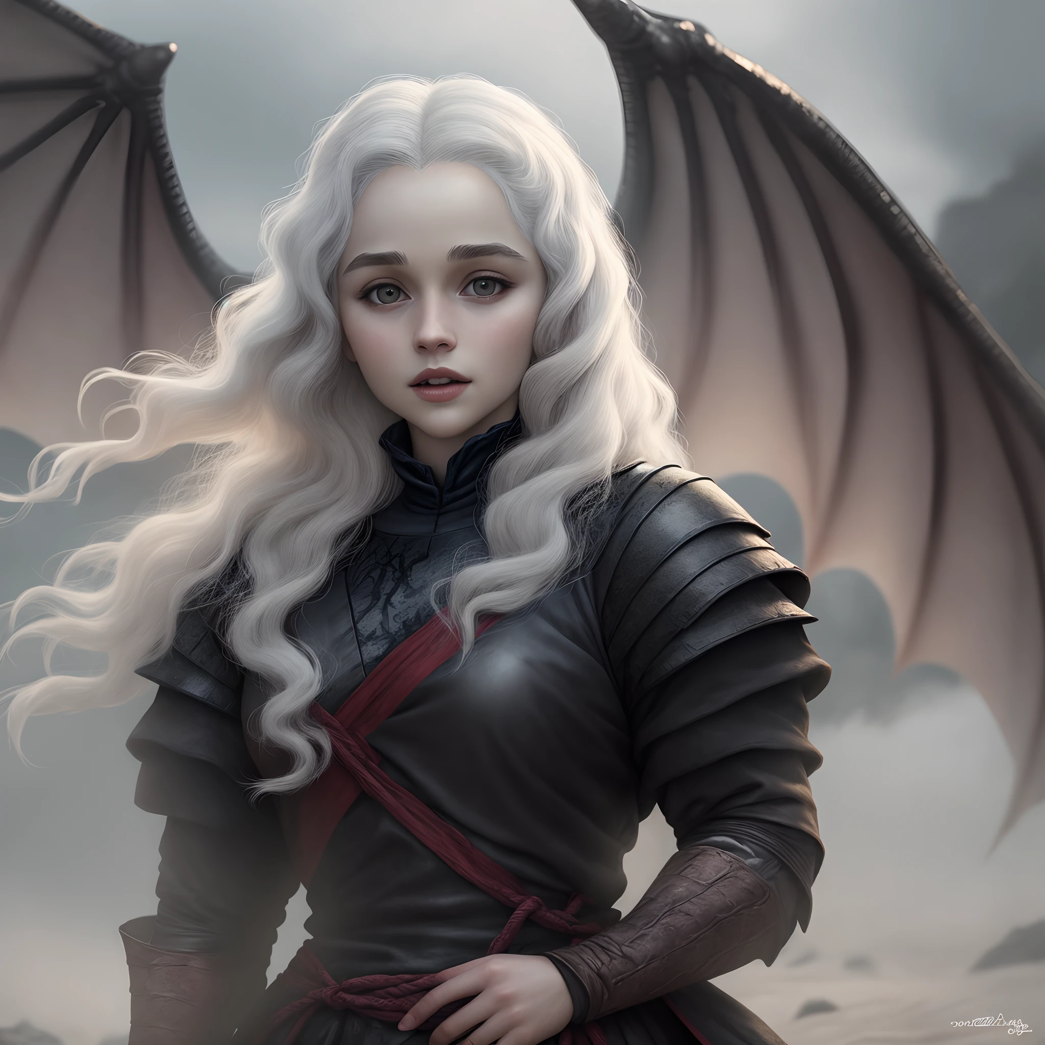 t-shirt design, 2D illustration, centered art,3 dragons in the background breathing fire, face of Emilia Clarke Atriz britânica White hair de Game of Thrones, gothic colors, mood of tension and terror, Adobe Illustration, Trending on Artstation, 8K, hd, masterpiece, gorgeous art, intricate details , -