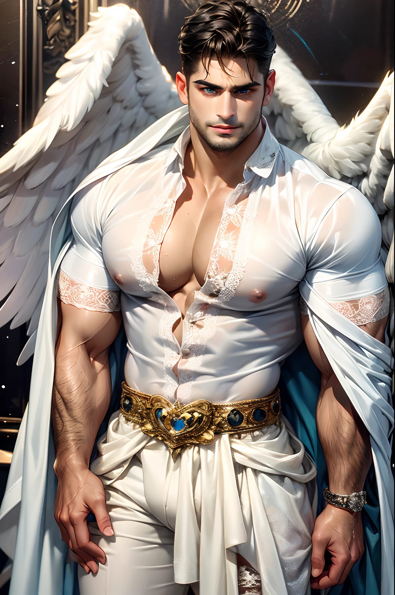 Handsome man with Latin mulatto skin and attractive features, tanned skin tone, dark blue eyes with friendly expression, huge white wings coming out of his back, thick muscles, medium long men's haircut, black brown hairstyle, small beard, style of grunge clothing, beautiful tattoos all over the body. Hetero.