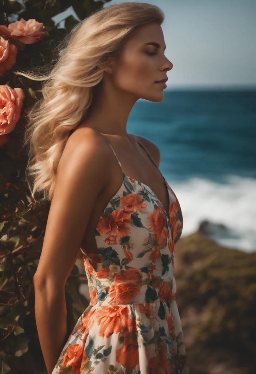 a beautiful women with blonde hair and a tan fit body wearing a flower dress with the ocean in the background