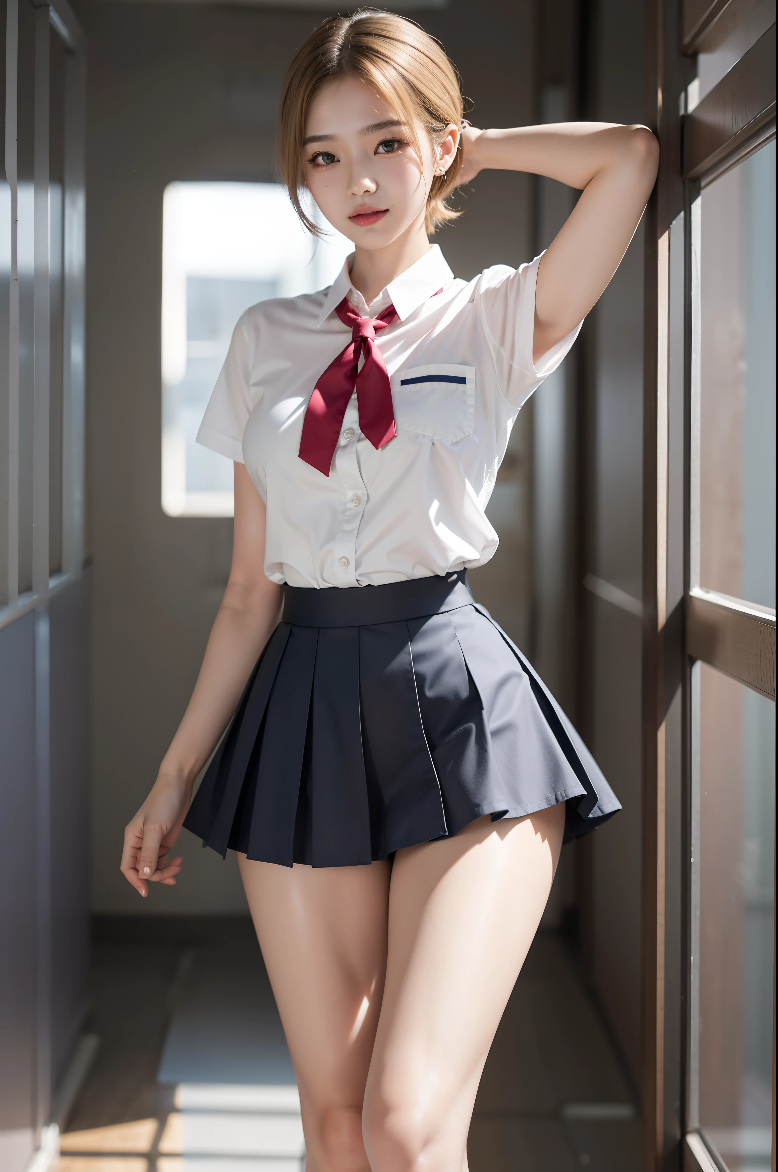 Korean School Uniform,Summer Uniform Shirts,Ribbon Ties,skirt by the,school classrooms,School stairs,Chest Thrusting Pose,8K raw photos,hight resolution,-yeld Kon,very large round breasts,,beautiful eyes in detail,long eyelasher,beautiful double eyelid,eyeshadows,Eyeliner,elongated eyes,elongated eye shape,Sanpaku eyes,evil smile,Evil expressions,beautiful and very thin legs, beautiful and very thin thighs,Random short hair,Hair tied at the back of the head,耳Nipple Ring,Bright blonde hair,Have sex with men,Conducting mating