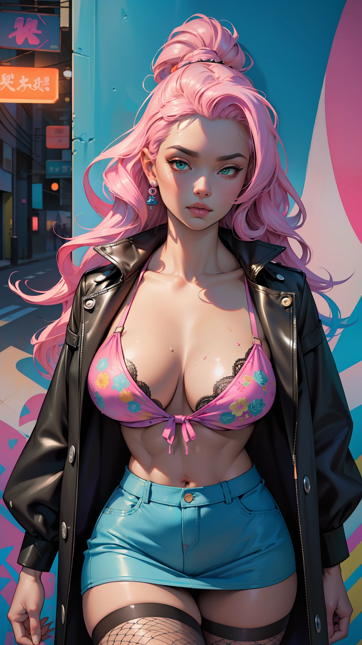 Background, In chic boho style, in a cafe, Ice cream print, multi-colored neon lights, neon garlands, rose hair, mixed-language_SMS, Japanese graffiti, (beautiful and clear background:1.2),, fantastic paintings ,graffit style, highly detail eyes , underwear, lace, Pink, Purple, mint, Blue, Yellow, belve, lavender hair, Skull Print, body piercings, Loving, Love, ultra detail hair, Masterpiece, Best Quality, highly quality, hight resolution, detail enhancement, ((most beautiful image in the world)), Masterpiece, Best Quality, highly quality, hight resolution, detail enhancement, ((most beautiful image ), Shiny pink degrade hair, fishnet pantyhose, art by stjepan sejic, art by j scott campbell, Artist Guillem March, art by citemer liu, 4k, hight resolution, comic book character, comic, high quality detailed, style of ::2.0 comix illustration style,tatoon style, highly quality, hight resolution, detail enhancement, 8K, HD, Best Quality, highly quality, hight resolution, detail enhancement, 8K, HDR, sharp-focus, Ultra Detailed, perfect lighting, huge breasts, sexy body, Curvy Body, Lush breasts, Curvy hips, skull print on clothes, rock, rock star, Cool,black leather raincoat, style of, spikes, Punk Rock