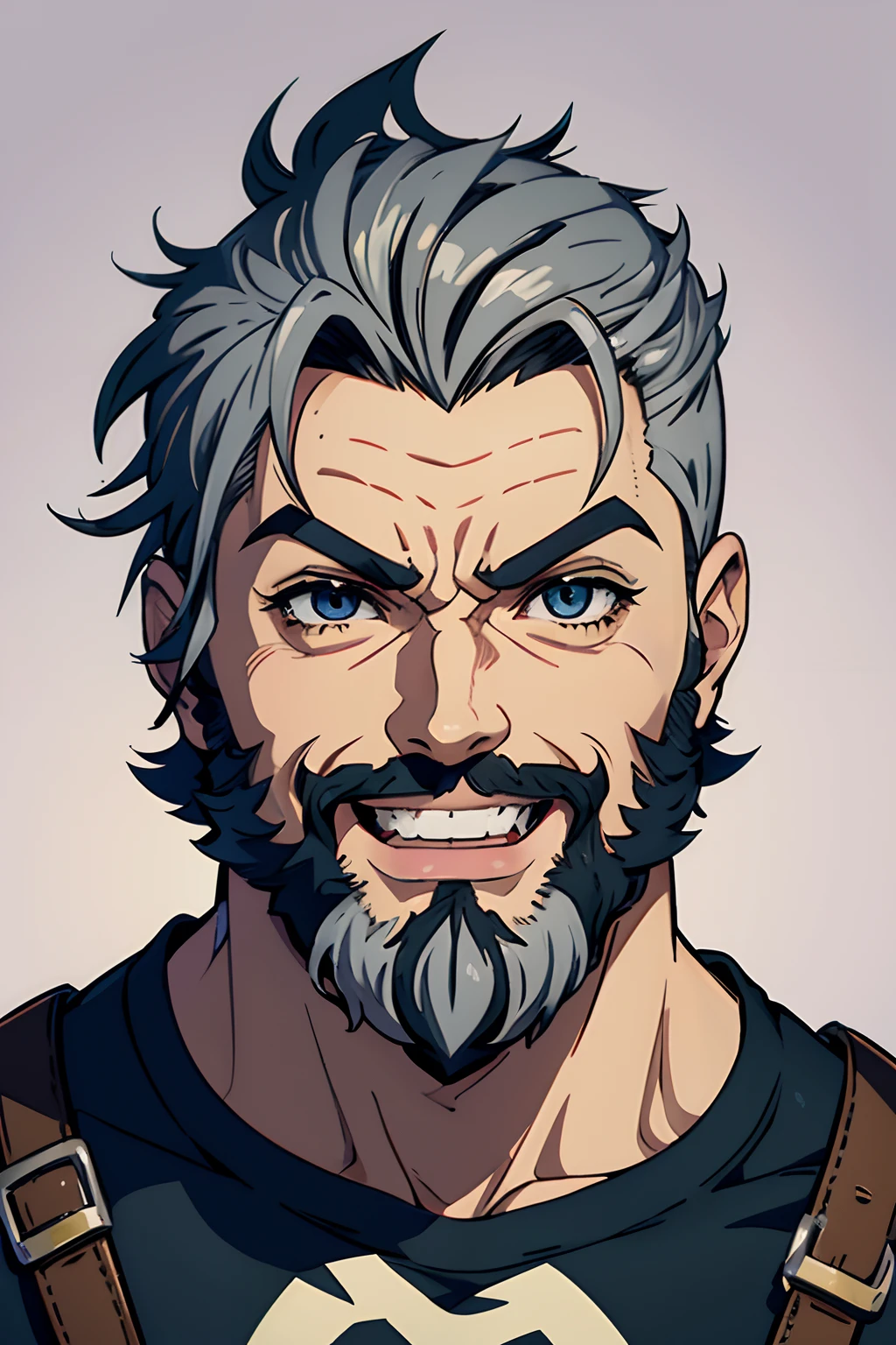 1man, grey short hair, hazel eyes, bushy beard, jojo's bizarre adventure anime style, happy, emoji, twitch, vector art, sticker