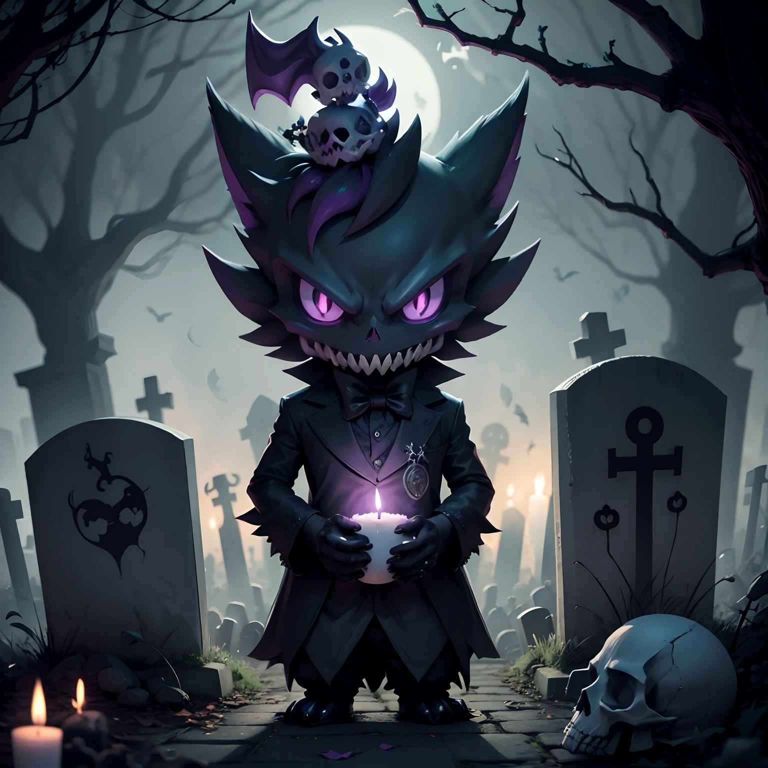 Very detailed Haunter pokemon holding a skull and a candle, in a graveyard surrounded by Ghastly pokemon