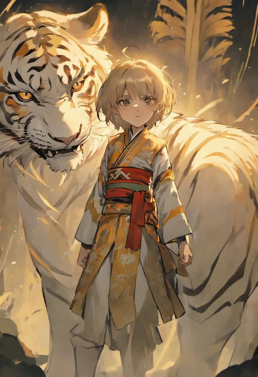 2.an ancient Chinese young boy, solo, wearing
chinese costumes, next to White Tiger, a chinese
ink painting, art by Qiu Ying, Zhang Daqian,
yellow and white color, bright.